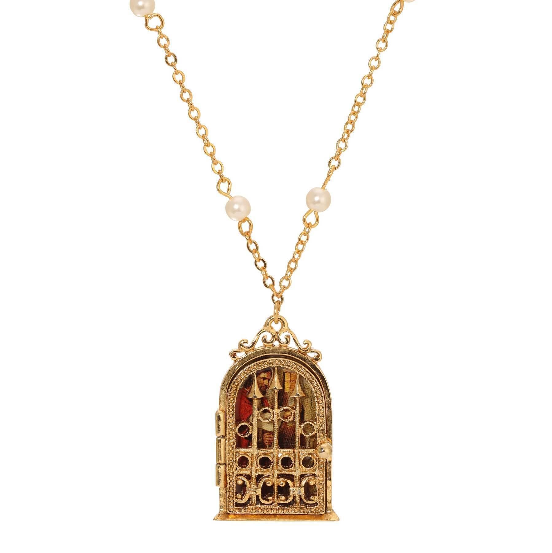 Symbols Of Faith Jesus At The Door Locket Faux Pearl Necklace 24"