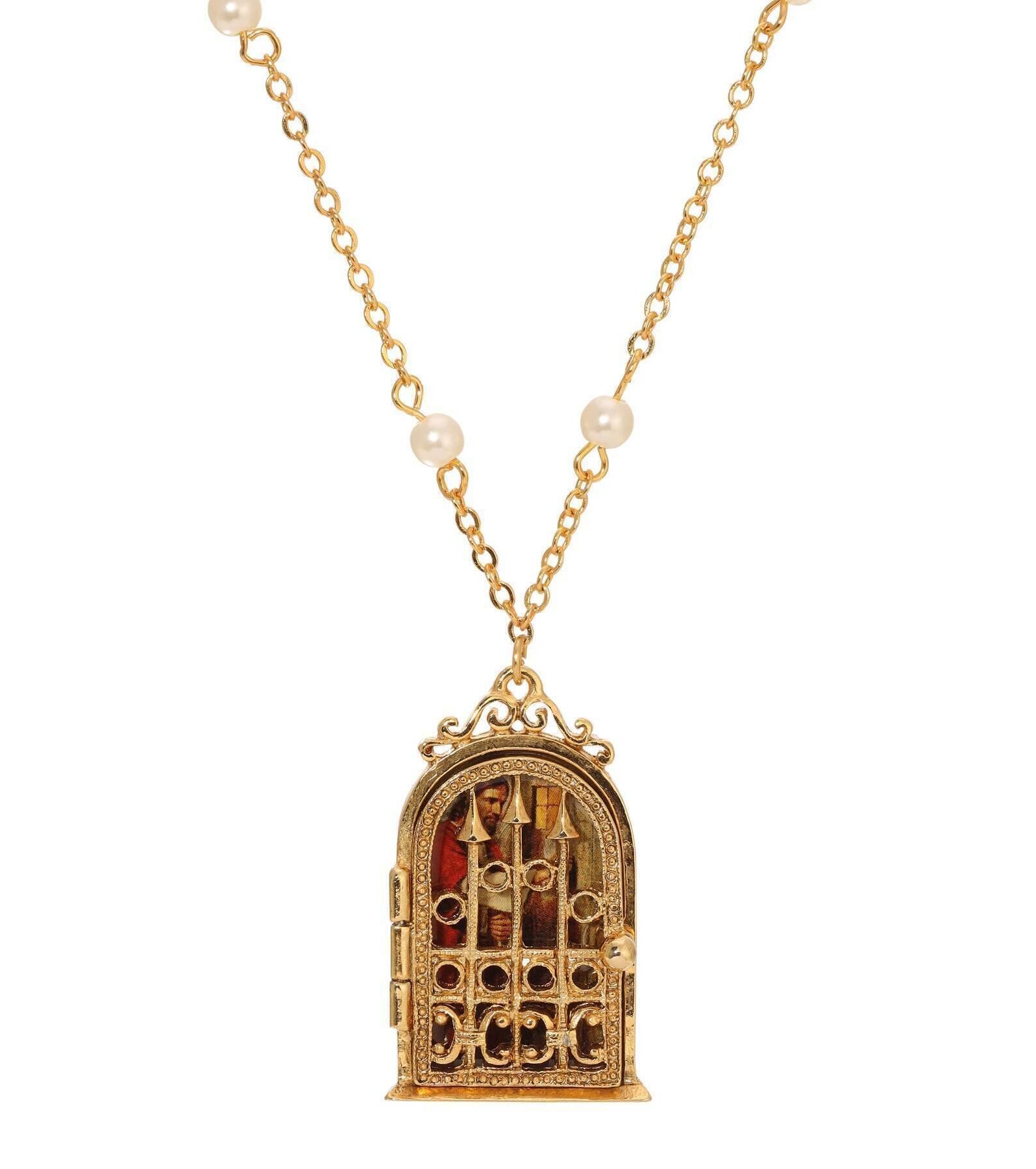 Symbols Of Faith Jesus At The Door Locket Faux Pearl Necklace 24"