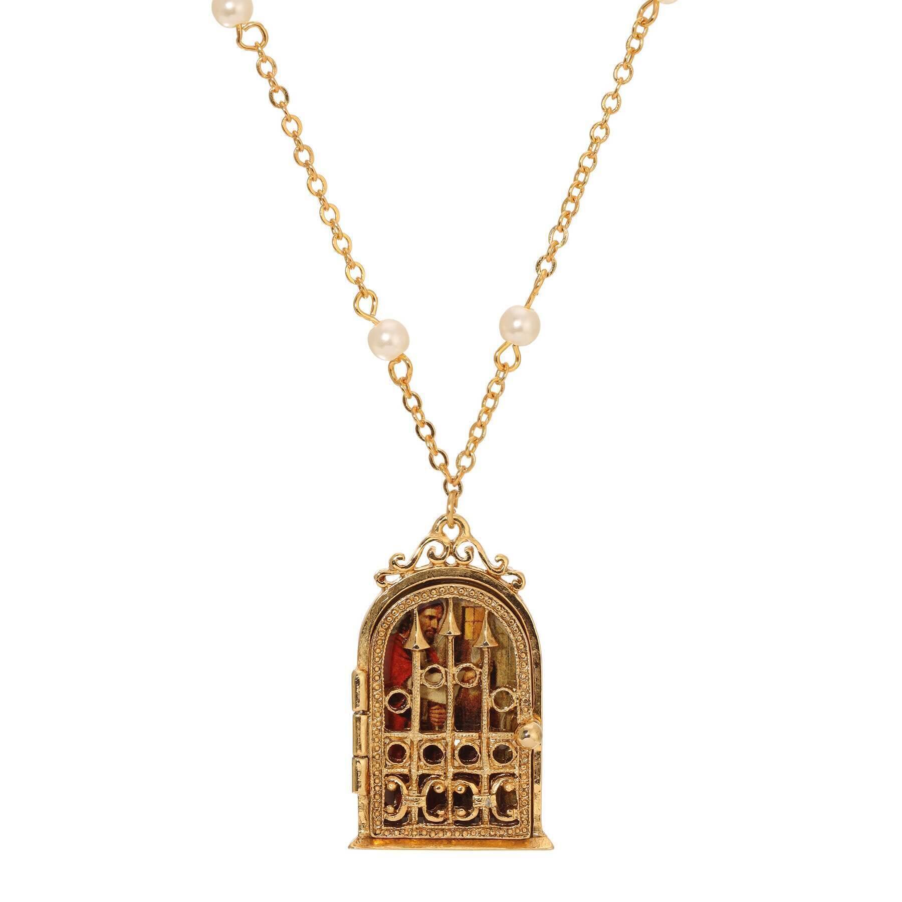 Symbols Of Faith Jesus At The Door Locket Faux Pearl Necklace 24"