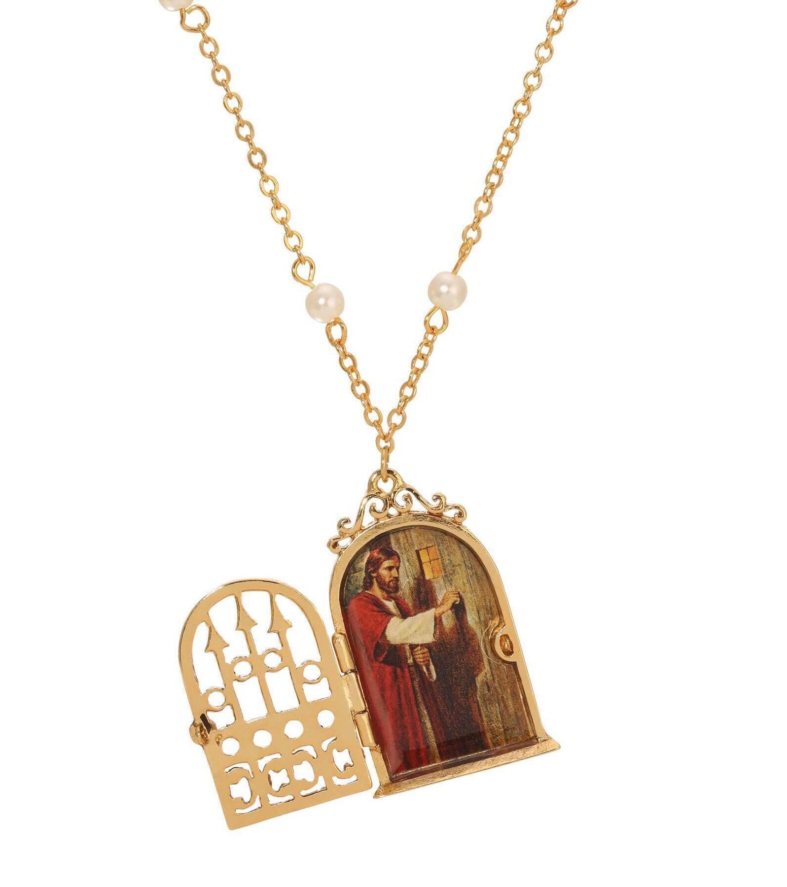 Symbols Of Faith Jesus At The Door Locket Faux Pearl Necklace 24"