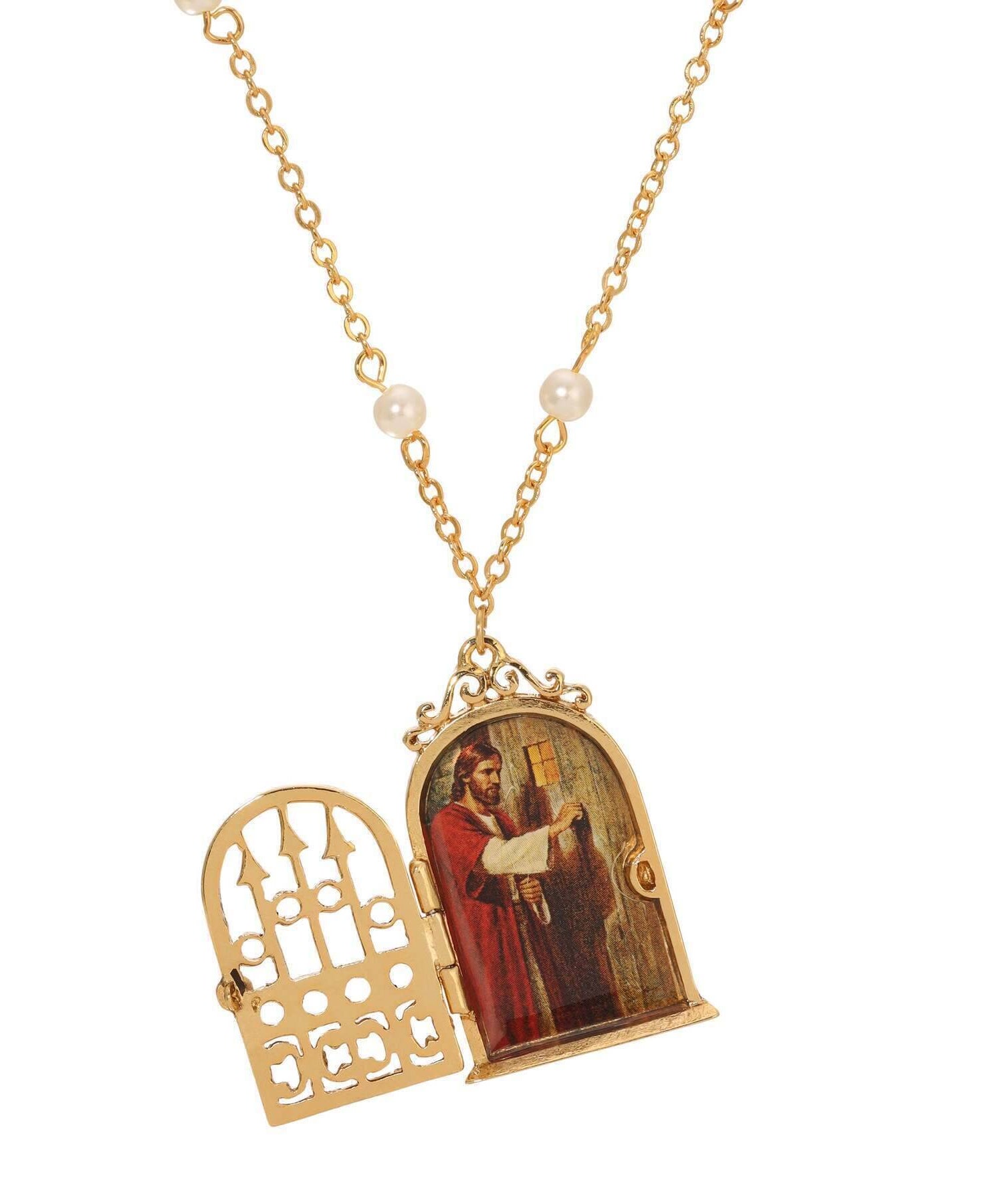 Symbols Of Faith Jesus At The Door Locket Faux Pearl Necklace 24"