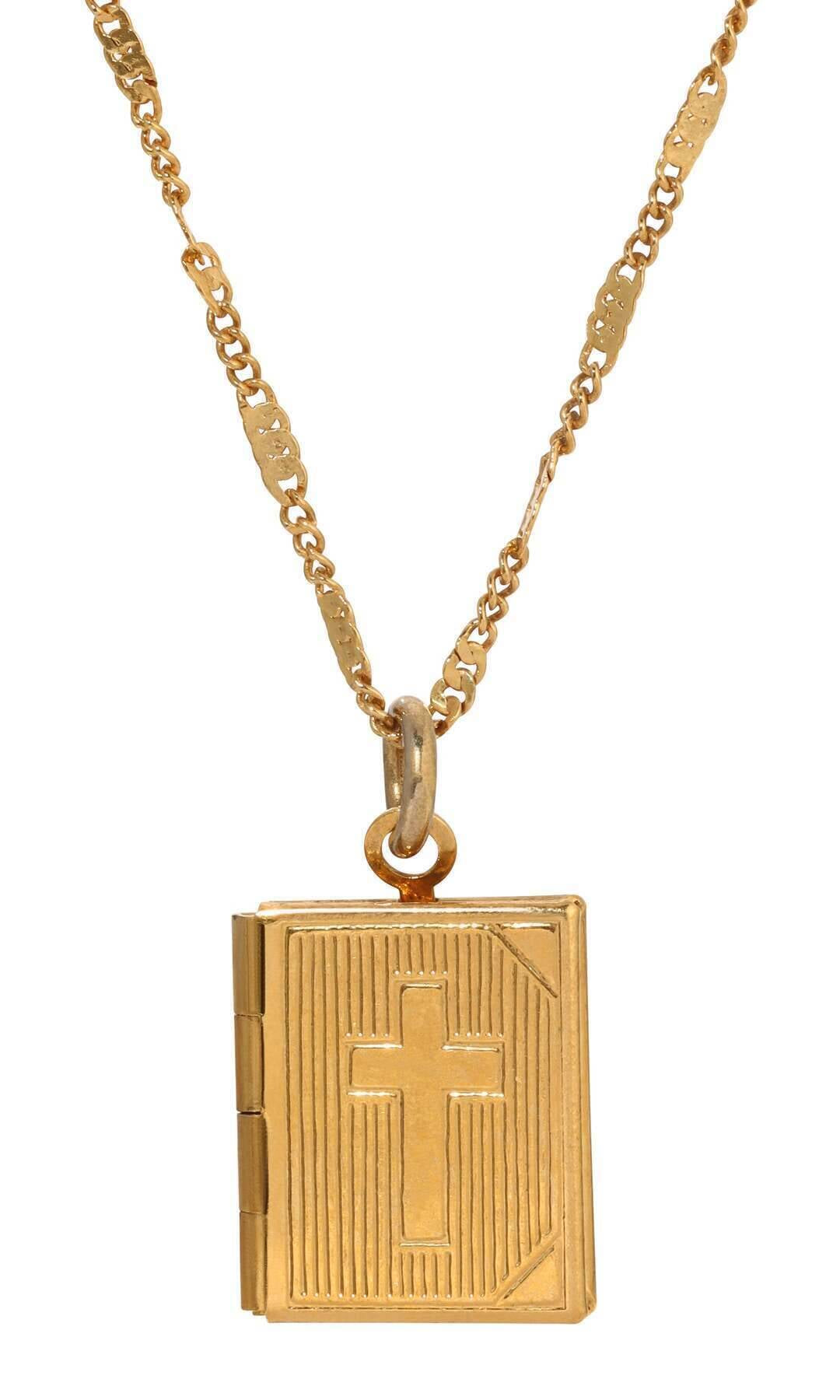 Symbols Of Faith Double Photo Locket Bible With Cross Pendant Necklace 15"