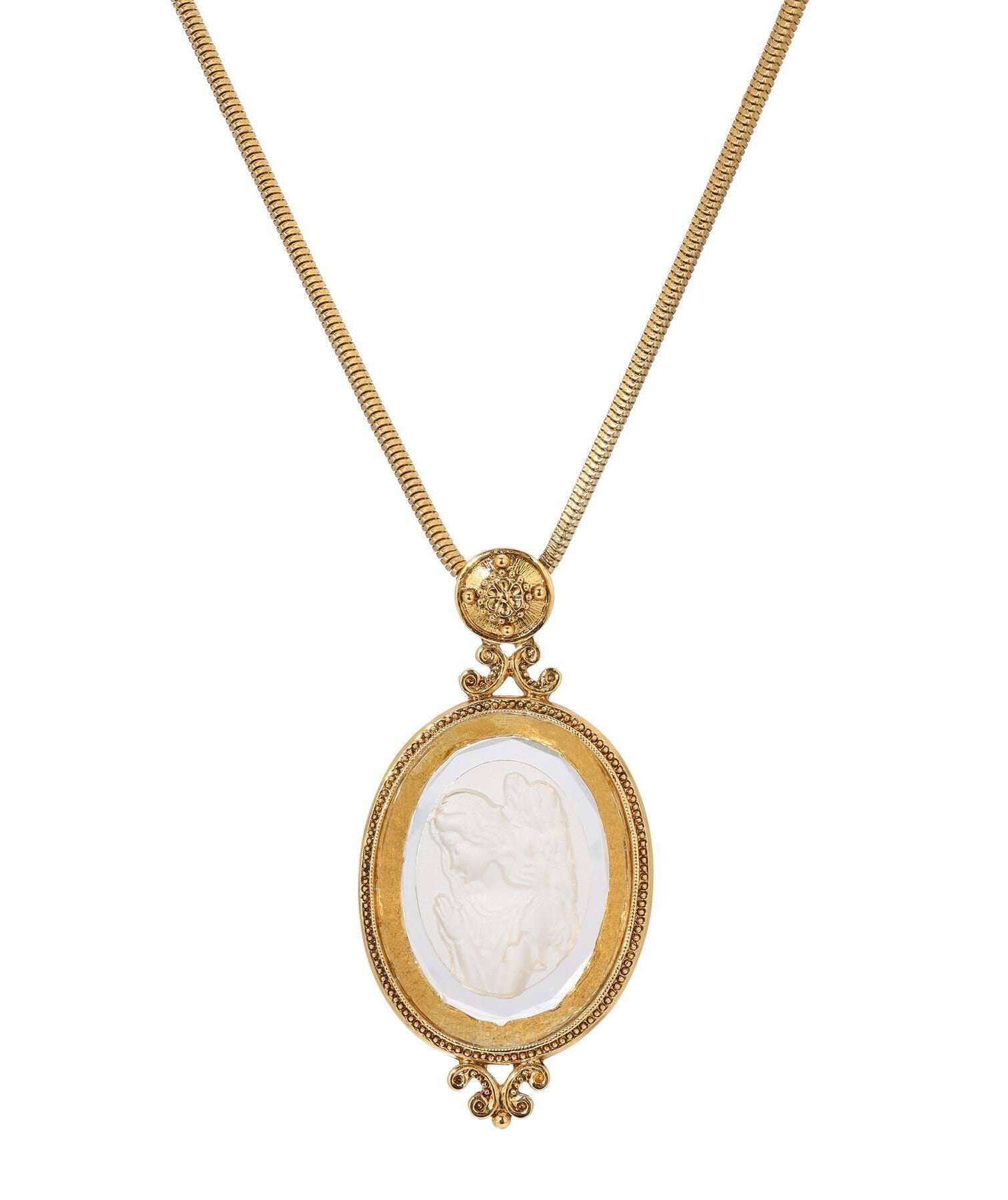 Symbols Of Faith Angel In Prayer Oval Glass Intaglio Pendant Necklace 30"