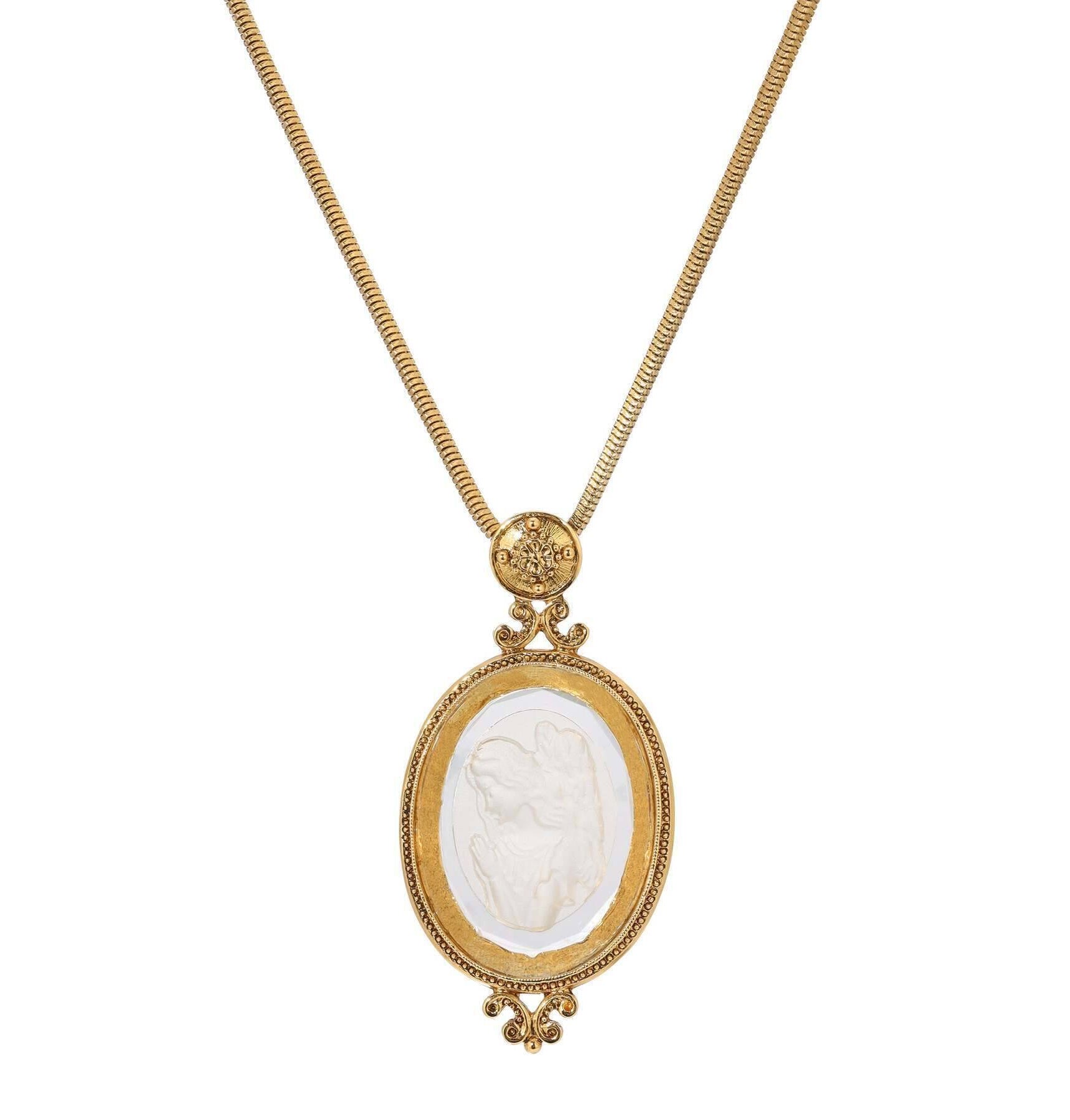 Symbols Of Faith Angel In Prayer Oval Glass Intaglio Pendant Necklace 30"