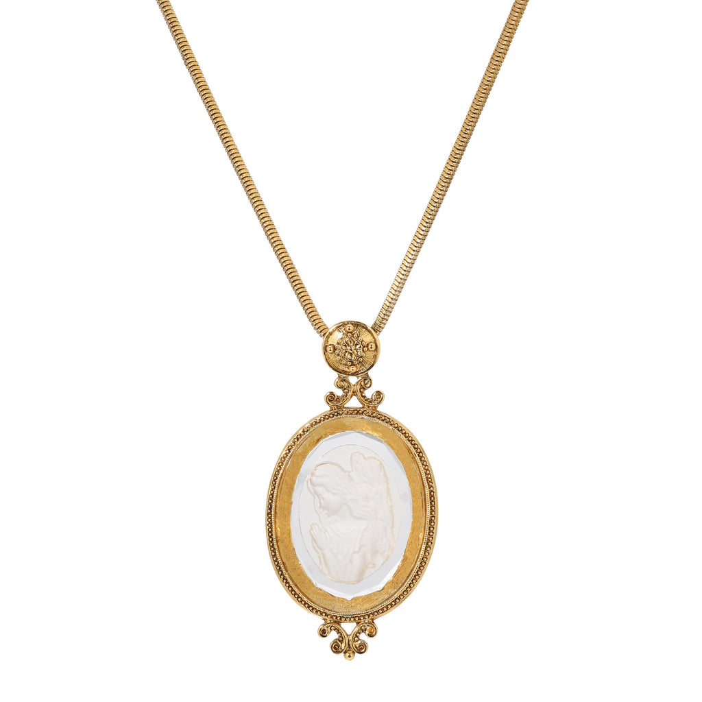 Symbols Of Faith Angel In Prayer Oval Glass Intaglio Pendant Necklace 30"