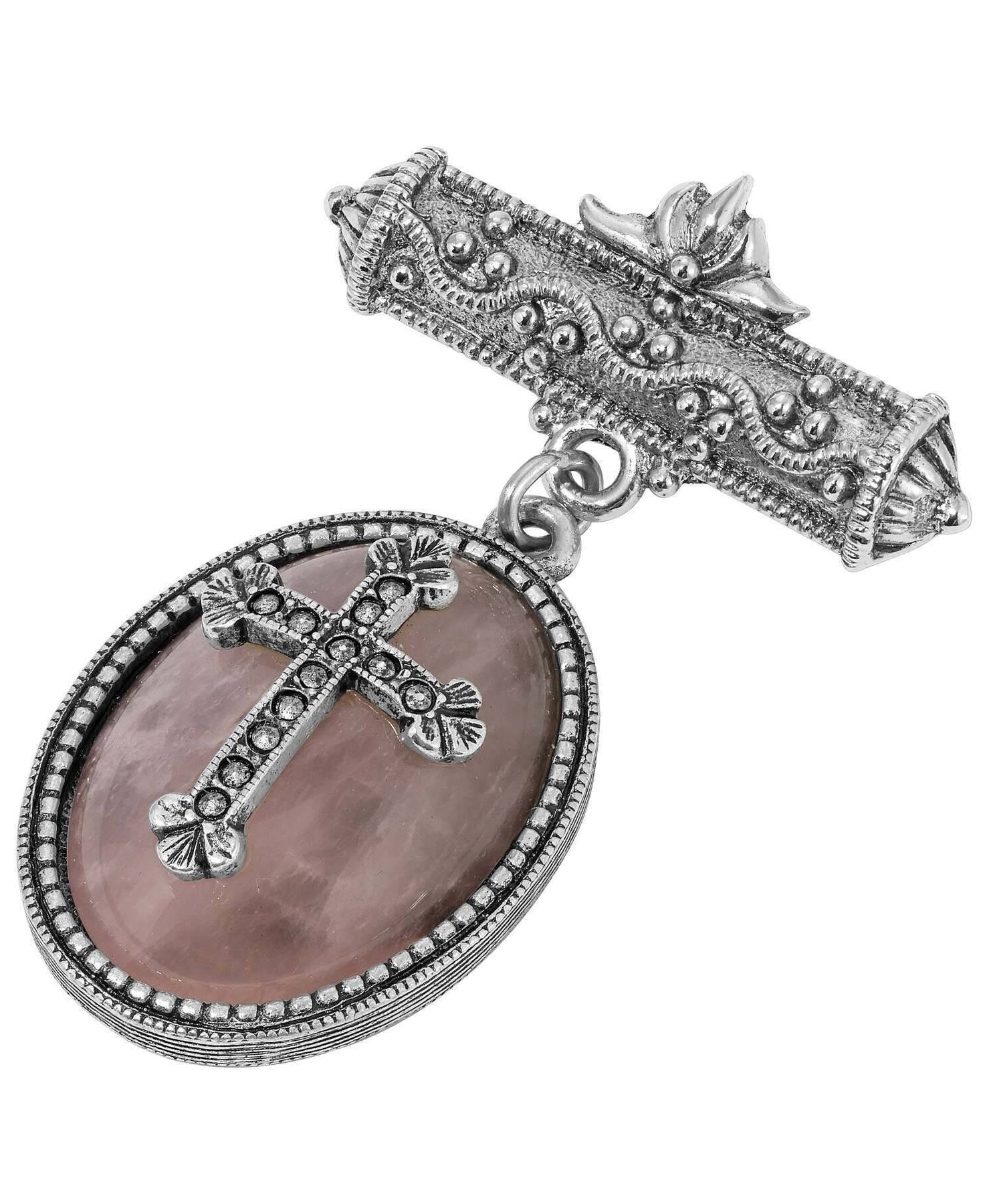 Symbols Of Faith Bar Pin Oval Rose Quartz Cross Brooch
