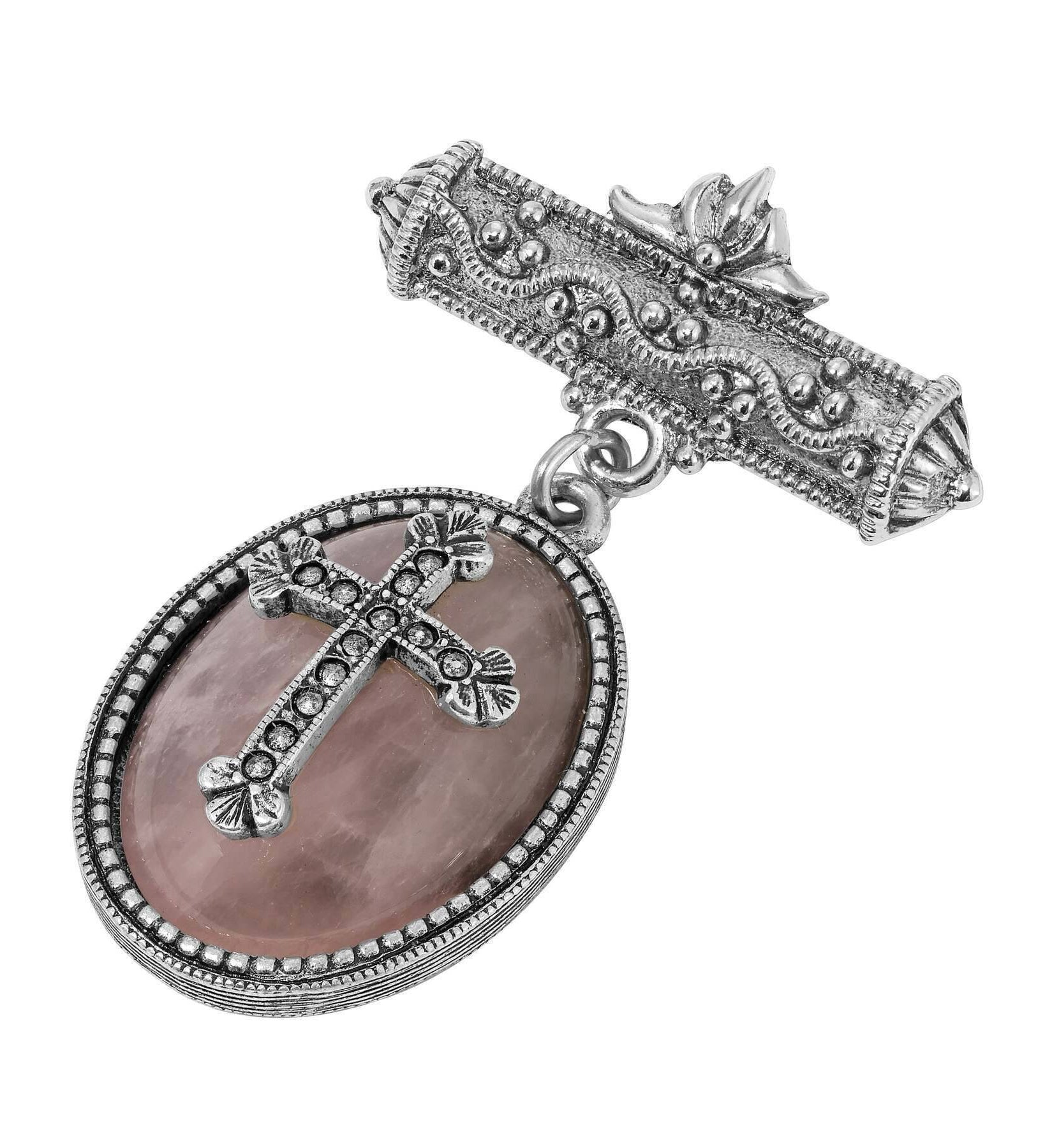 Symbols Of Faith Bar Pin Oval Rose Quartz Cross Brooch