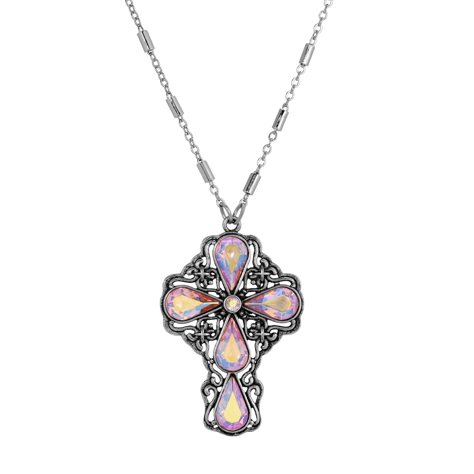 Symbols of Faith Victorian Filigree Cross Crystal Pendant Necklace 24"