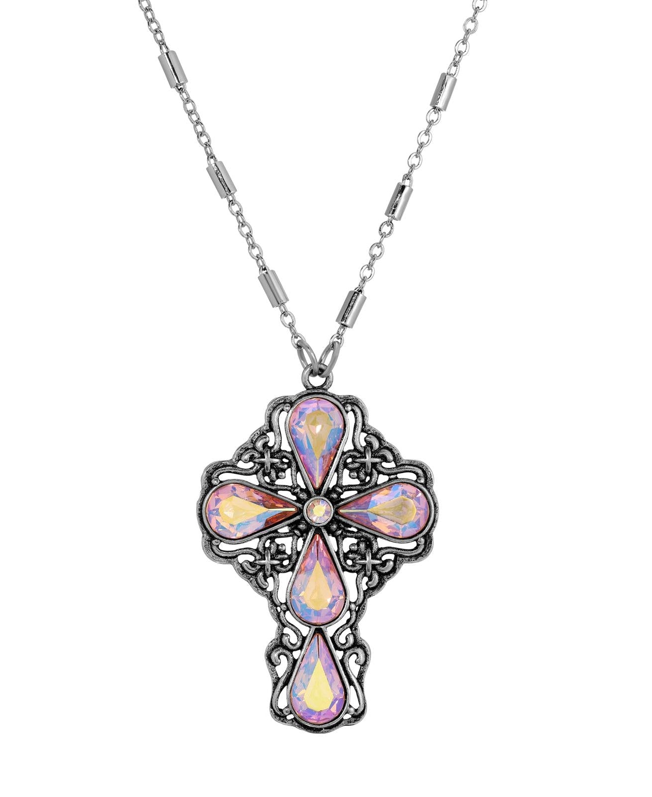 Symbols of Faith Victorian Filigree Cross Crystal Pendant Necklace 24"