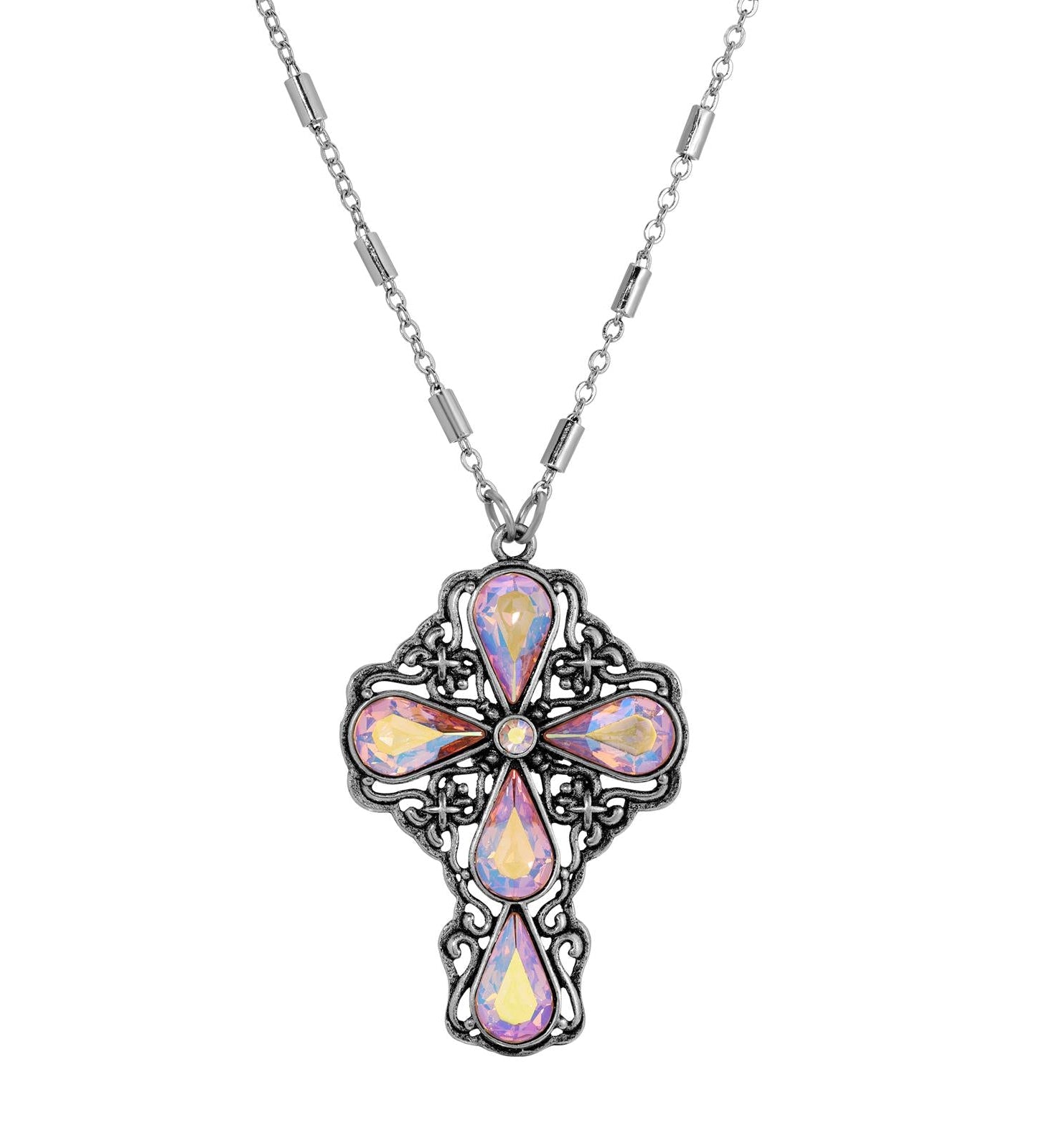 Symbols of Faith Victorian Filigree Cross Crystal Pendant Necklace 24"