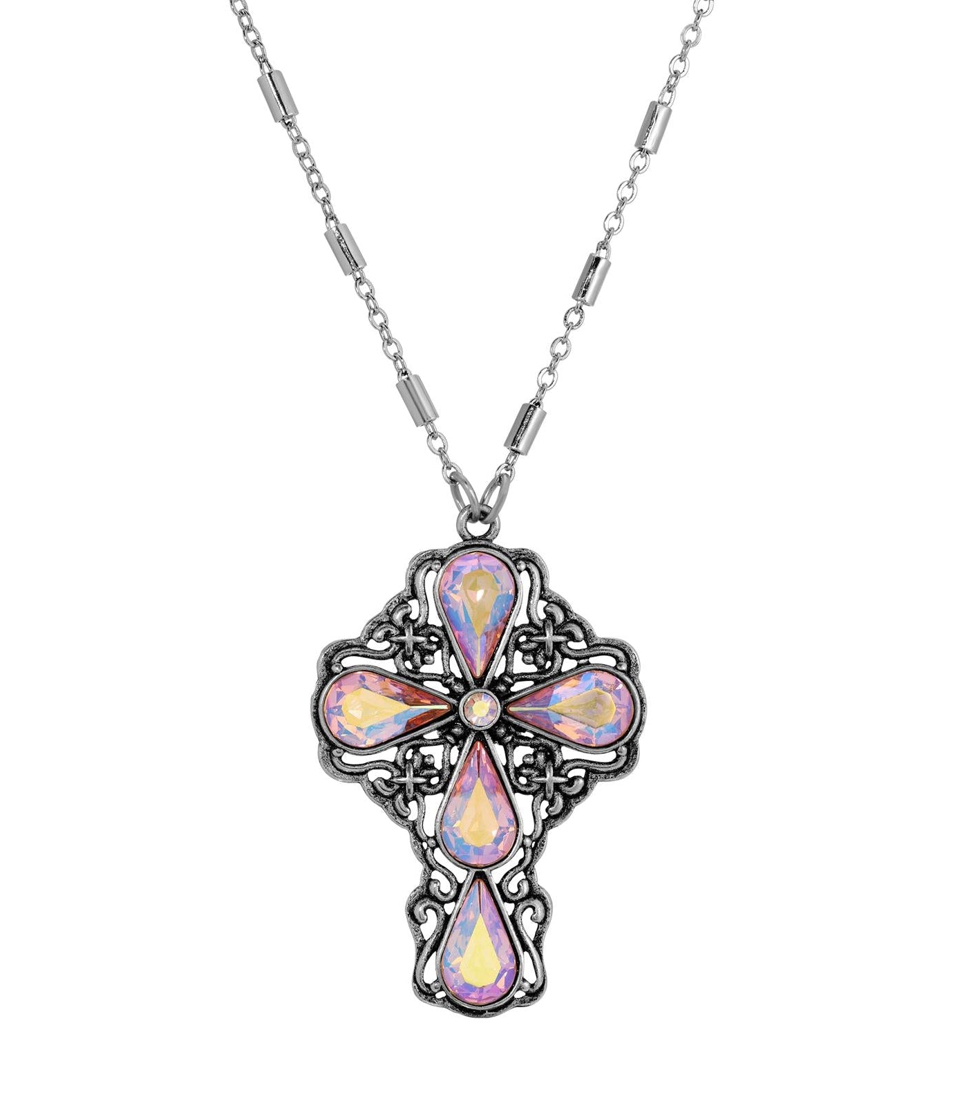 Symbols of Faith Victorian Filigree Cross Crystal Pendant Necklace 24"
