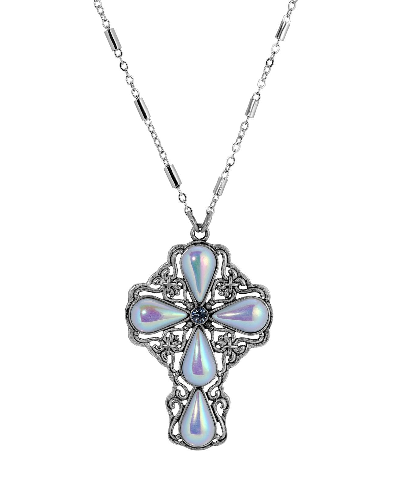 Symbols of Faith Victorian Filigree Cross Crystal Pendant Necklace 24"
