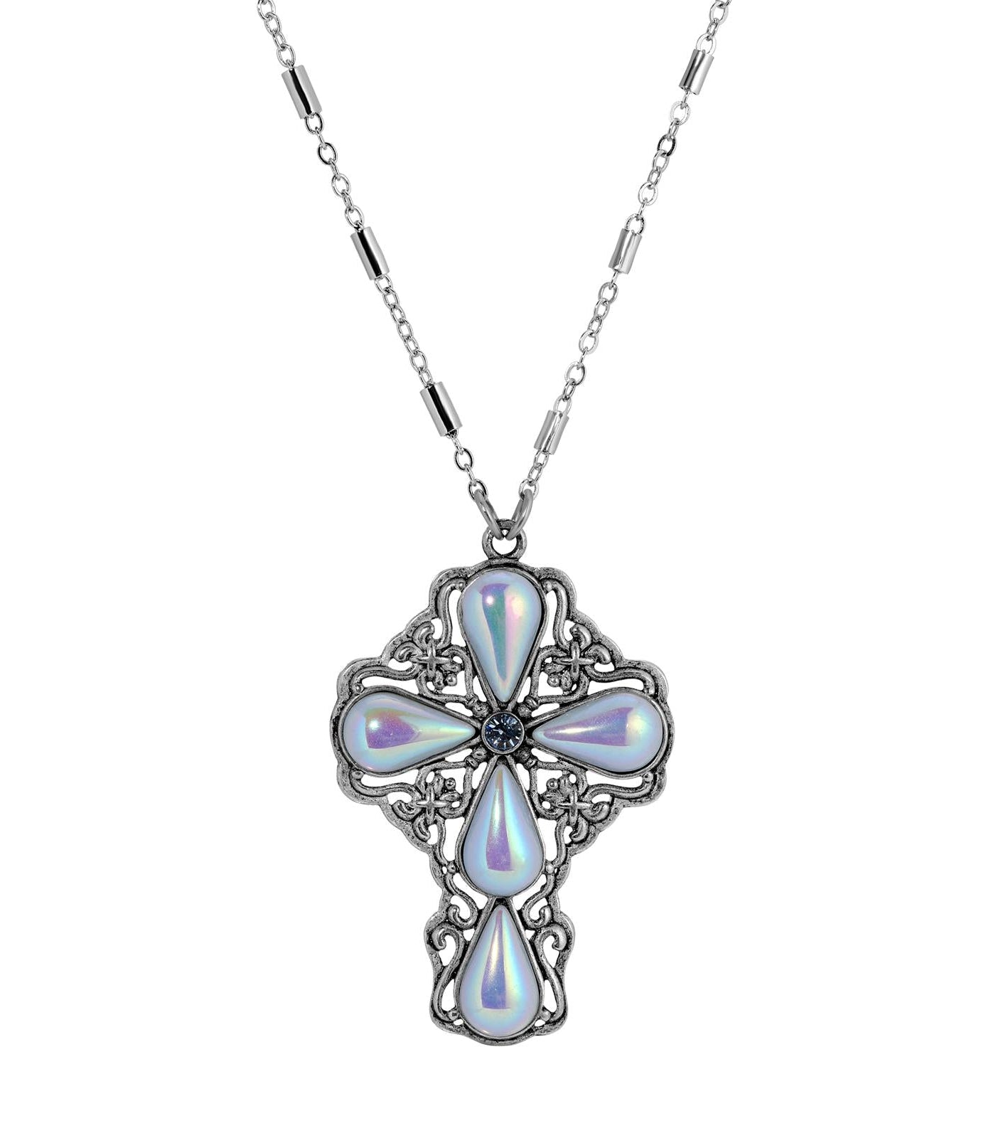Symbols of Faith Victorian Filigree Cross Crystal Pendant Necklace 24"