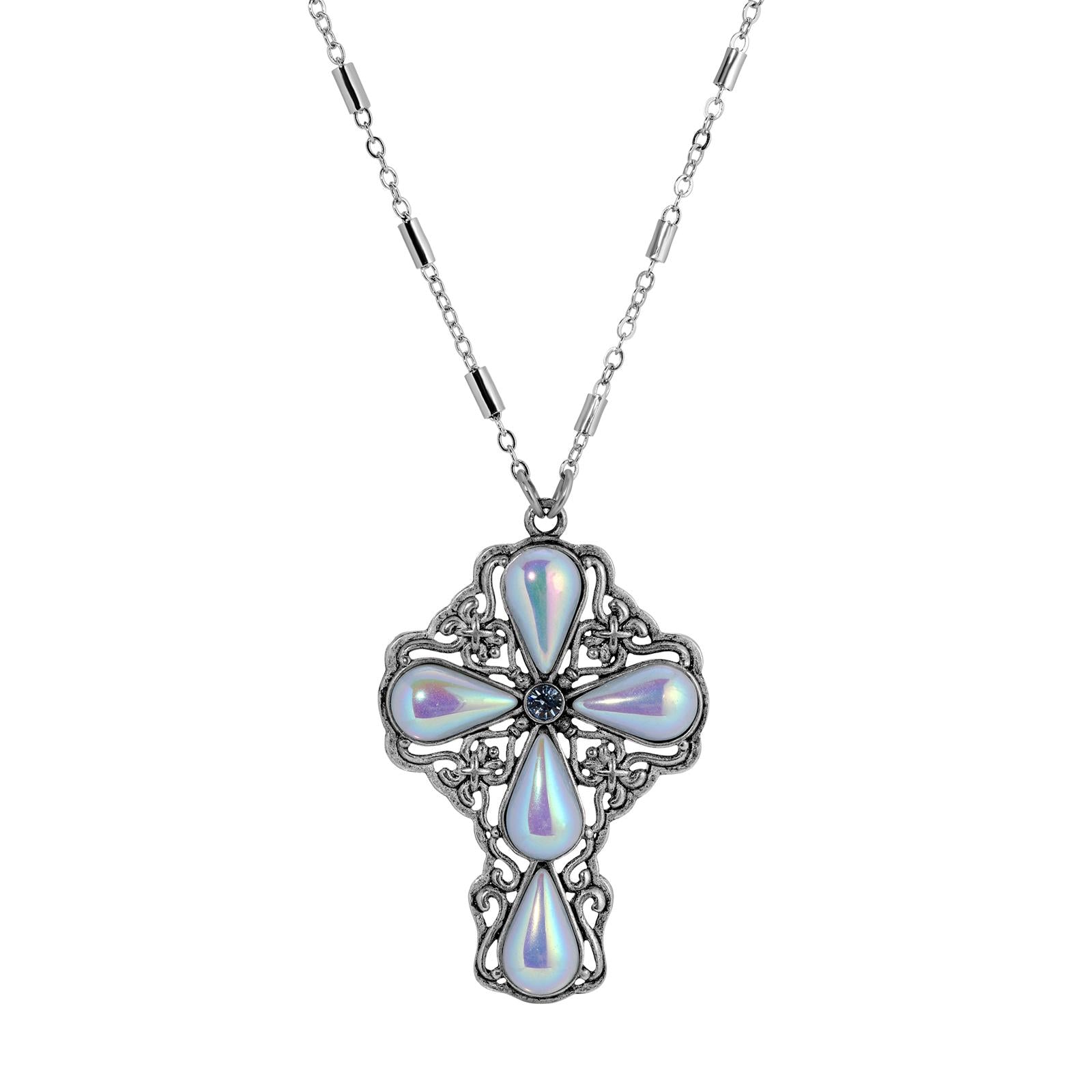 Symbols of Faith Victorian Filigree Cross Crystal Pendant Necklace 24"