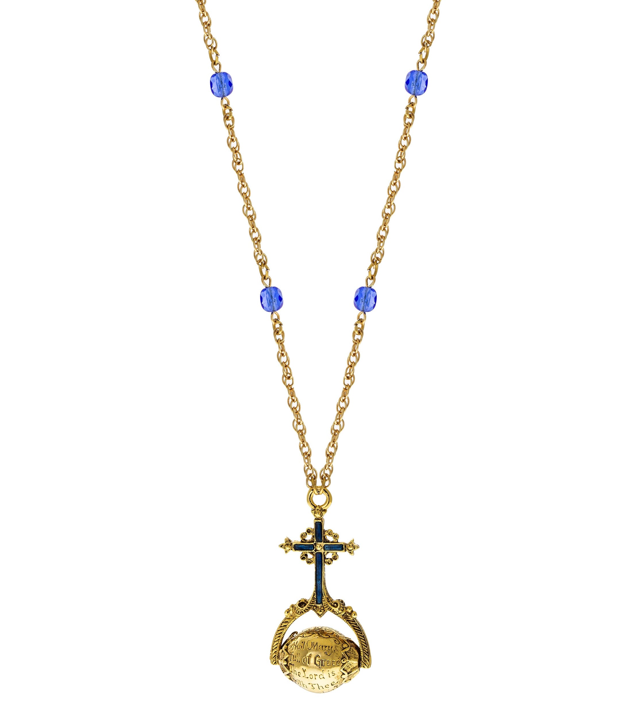 Symbols Of Faith Sapphire Blue Crystal Hail Mary Spinner Pendant Necklace 30"