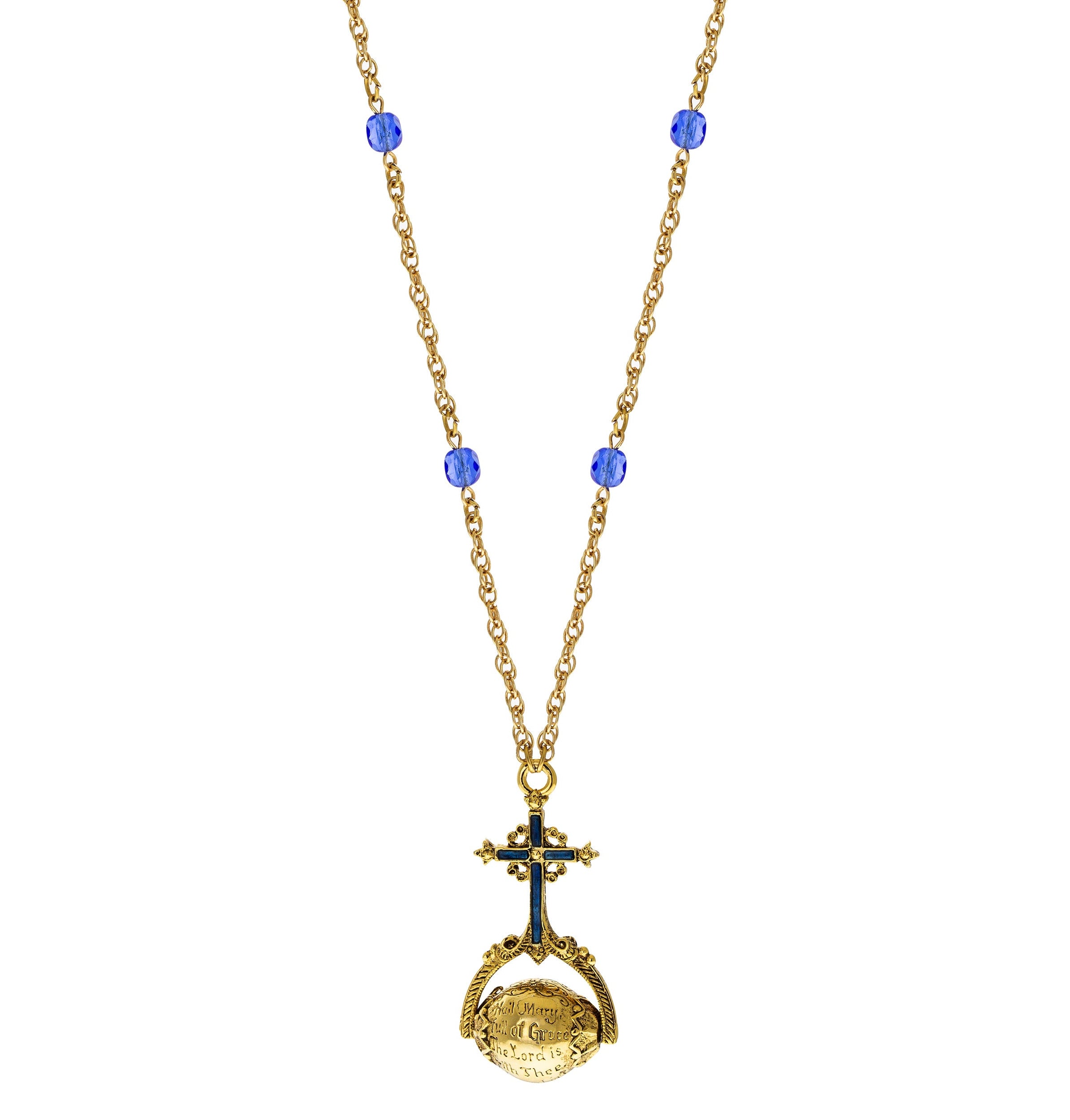 Symbols Of Faith Sapphire Blue Crystal Hail Mary Spinner Pendant Necklace 30"