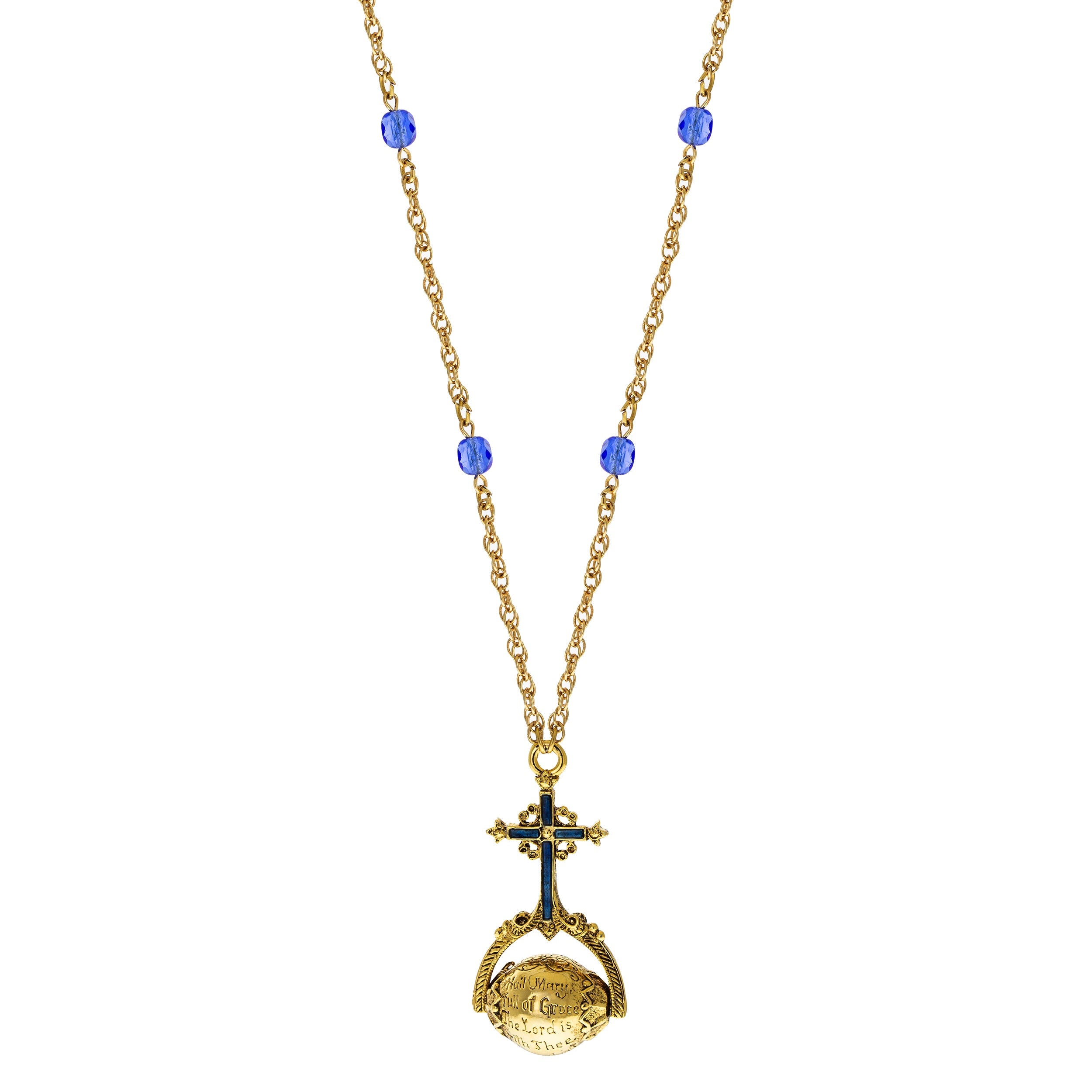 Symbols Of Faith Sapphire Blue Crystal Hail Mary Spinner Pendant Necklace 30"