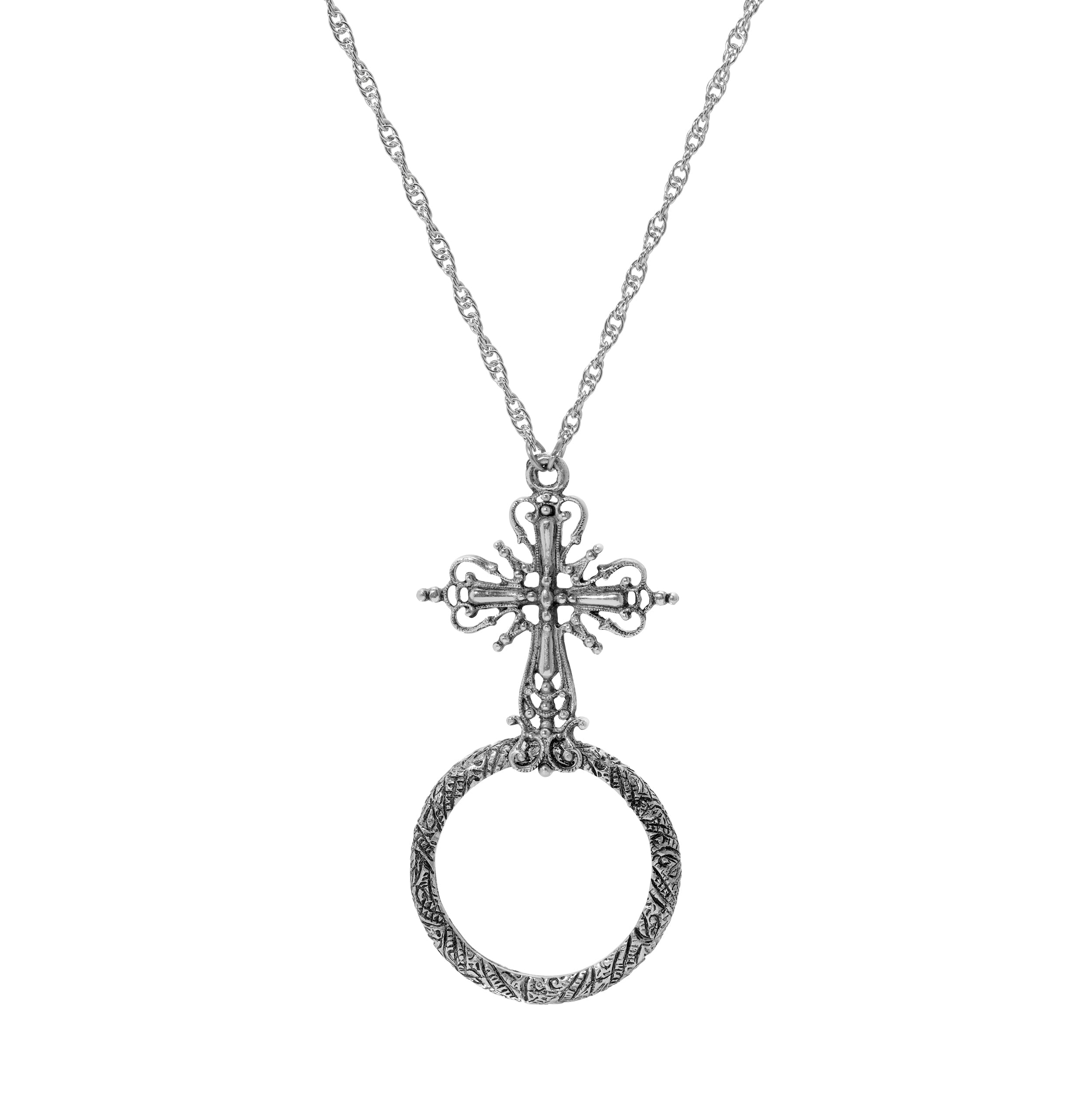 Symbols of Faith Ornate Cross Magnifier Pendant Necklace 28"