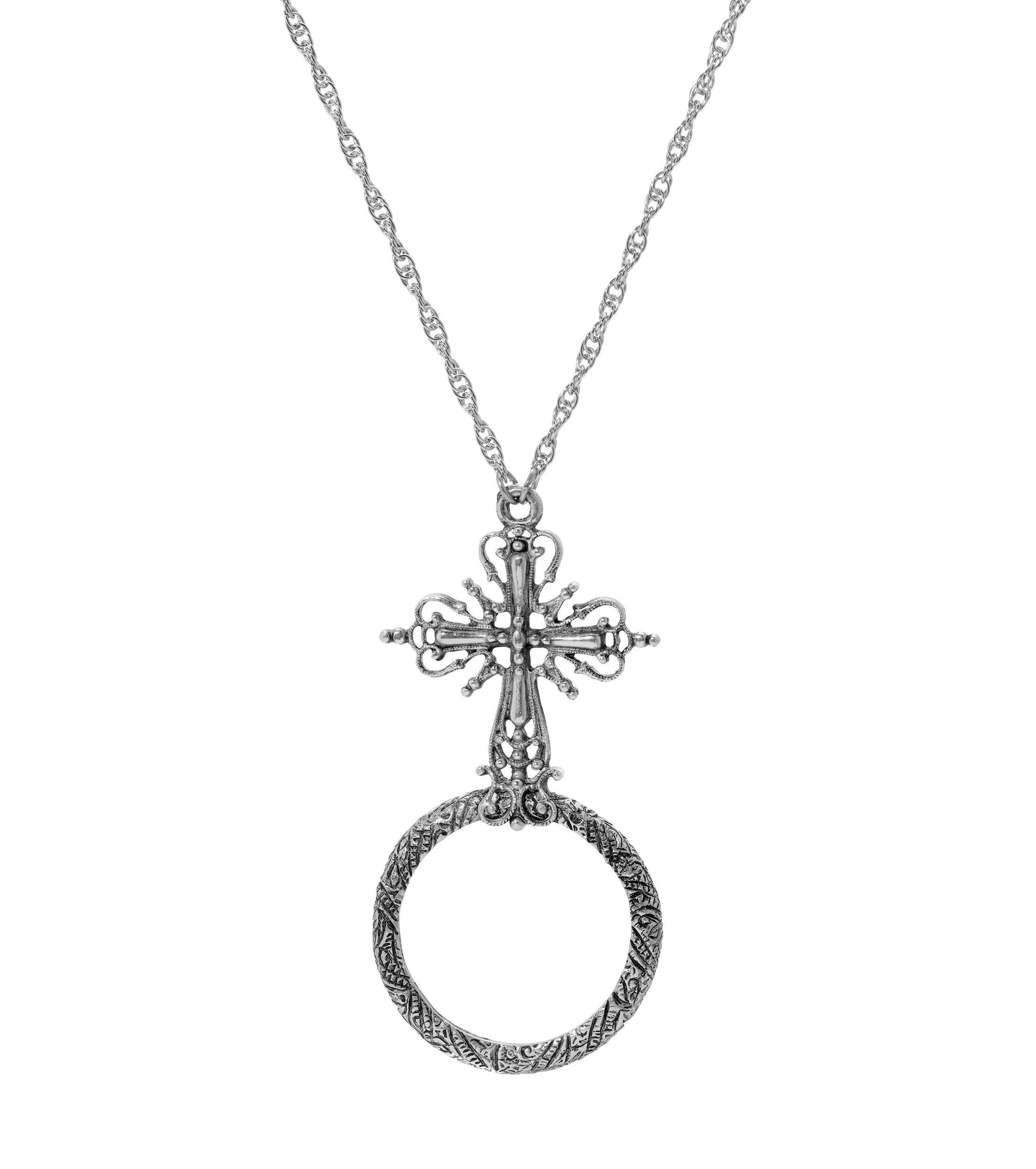 Symbols of Faith Ornate Cross Magnifier Pendant Necklace 28"
