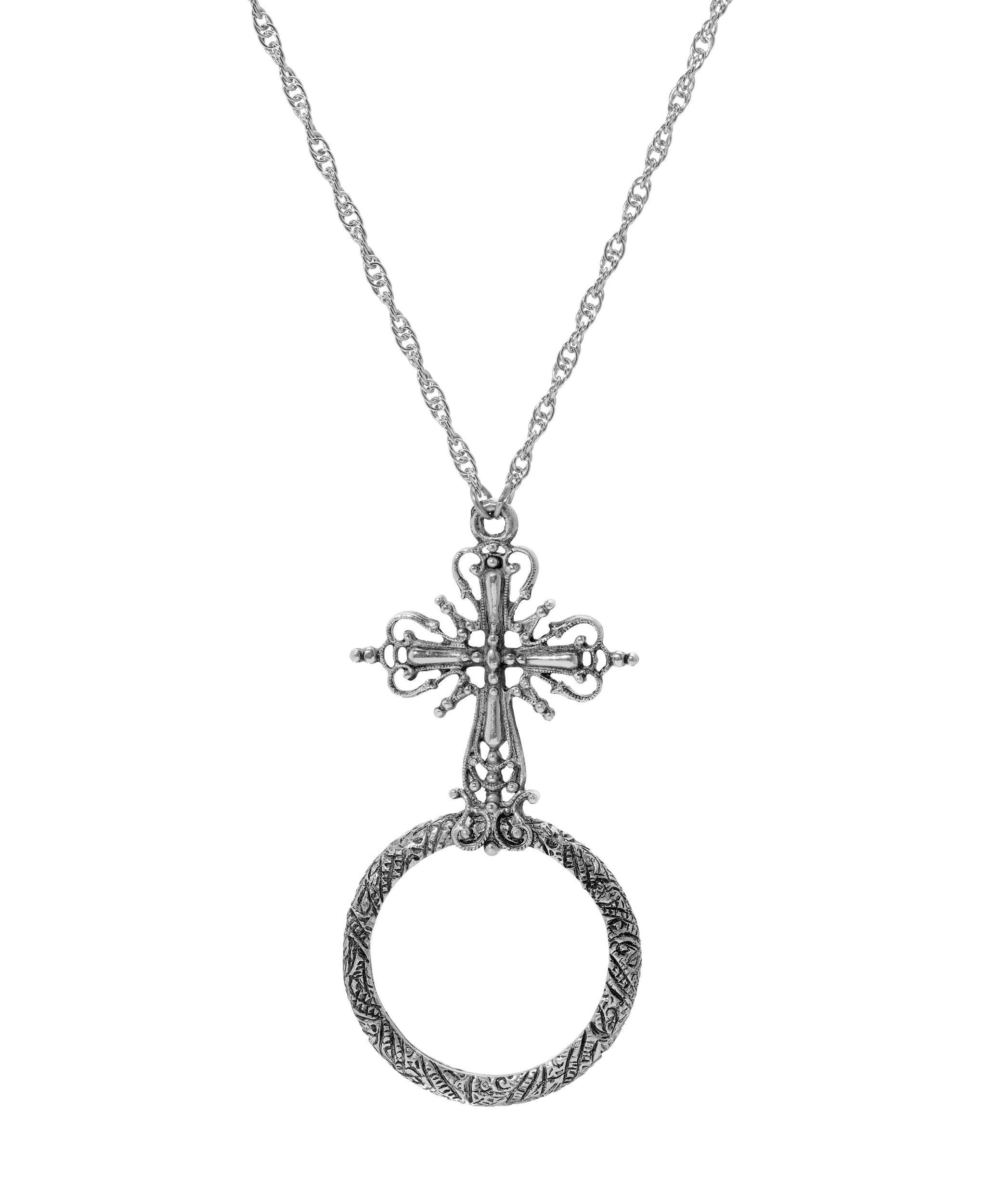 Symbols of Faith Ornate Cross Magnifier Pendant Necklace 28"