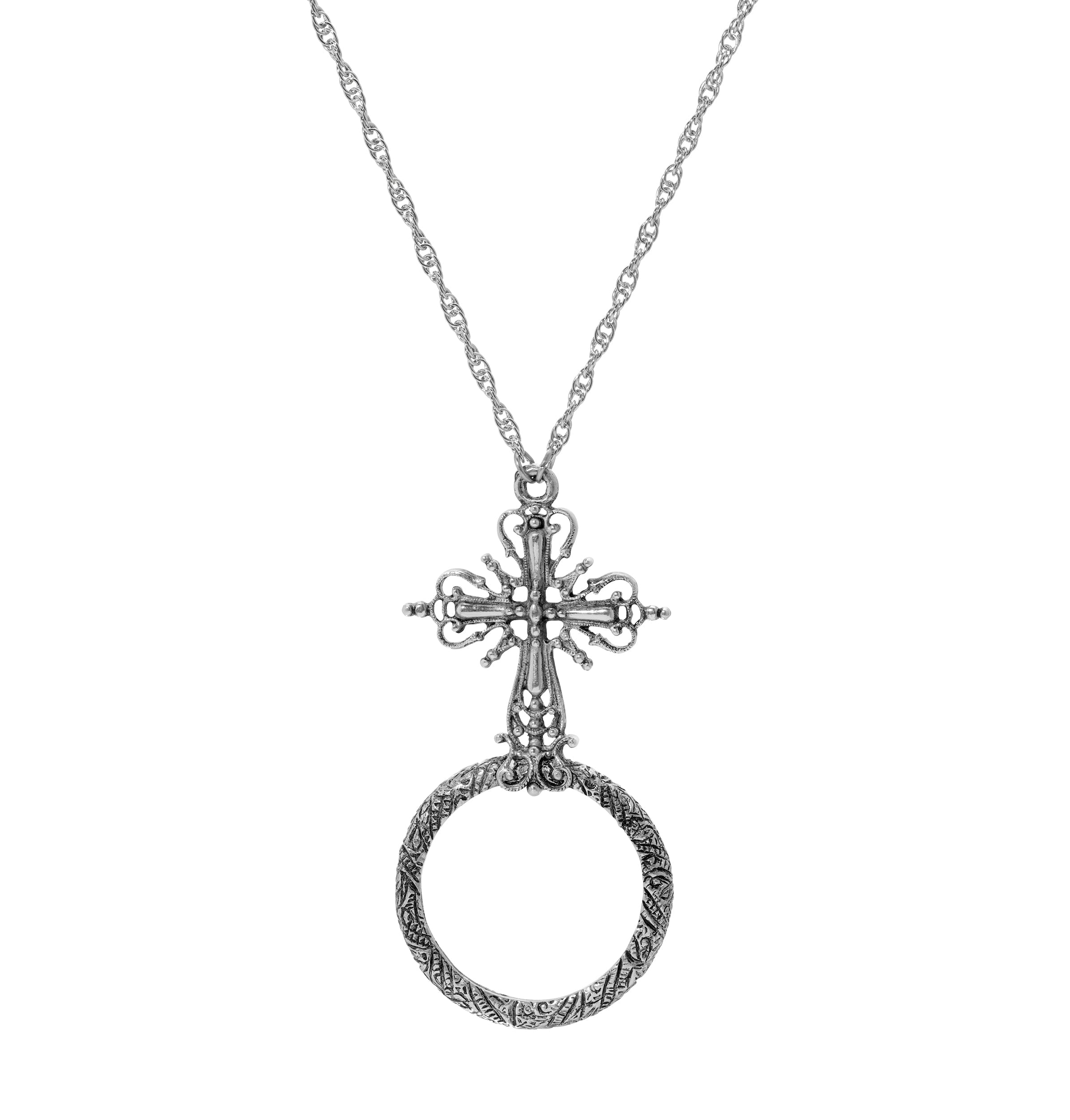 Symbols of Faith Ornate Cross Magnifier Pendant Necklace 28"
