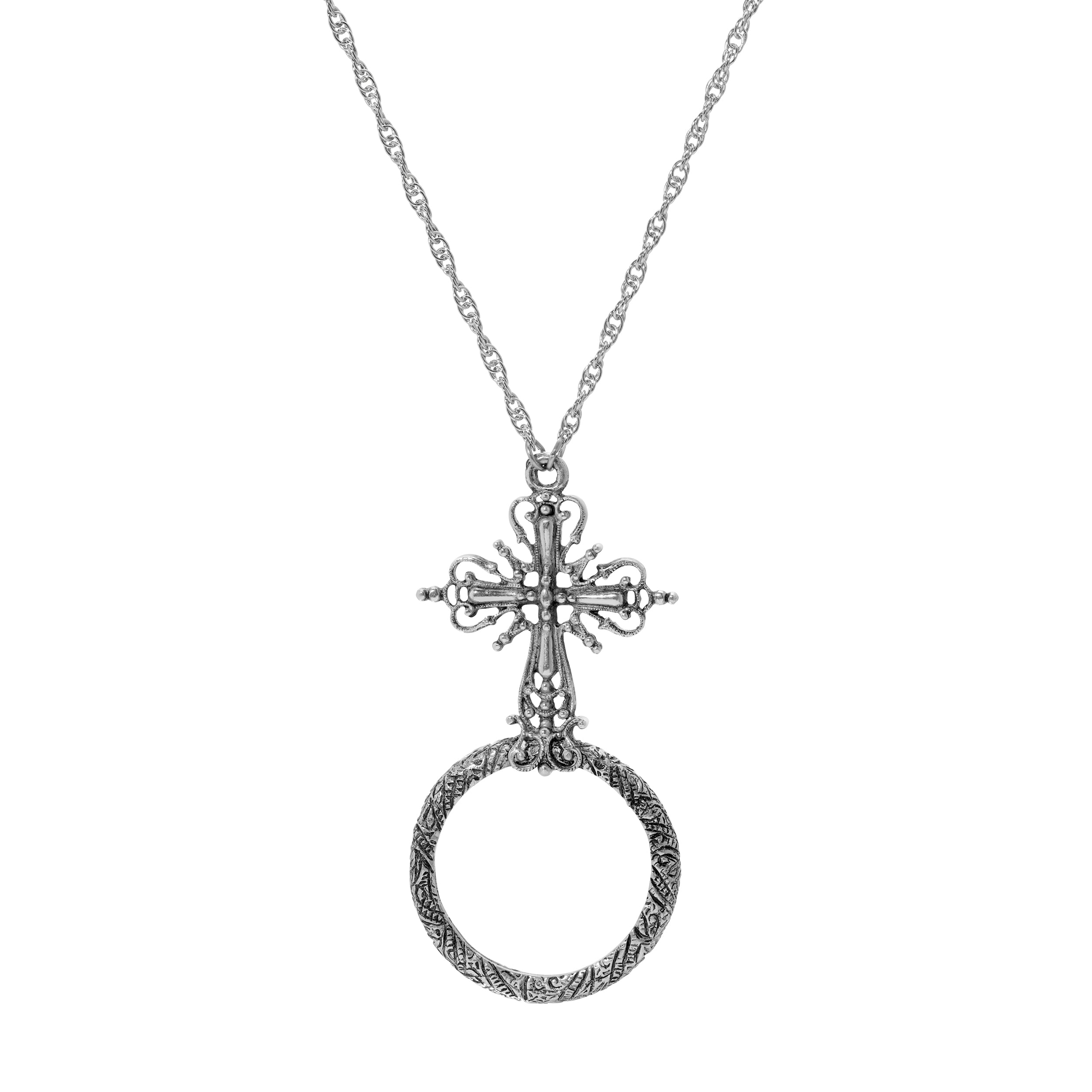 Symbols of Faith Ornate Cross Magnifier Pendant Necklace 28"