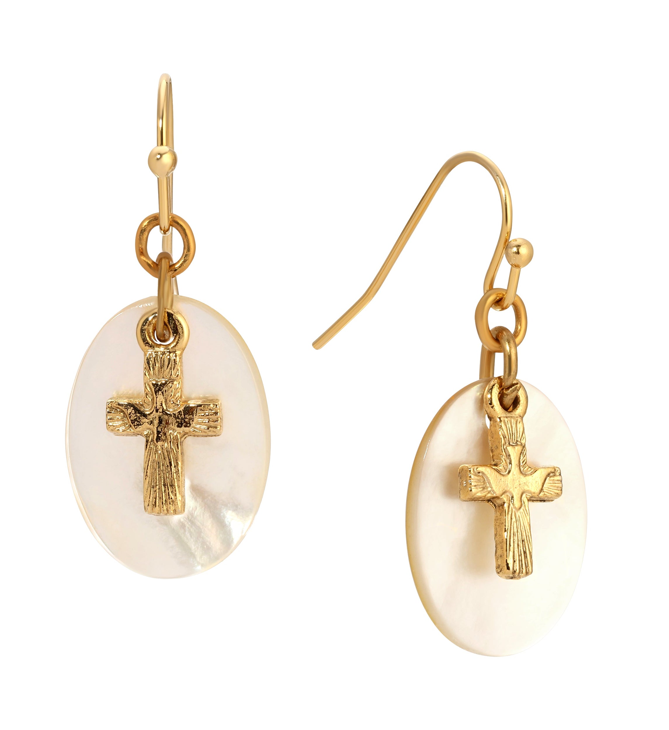 Symbols Of Faith Mother Of Pearl Gold Dove Cross Drop Earrings