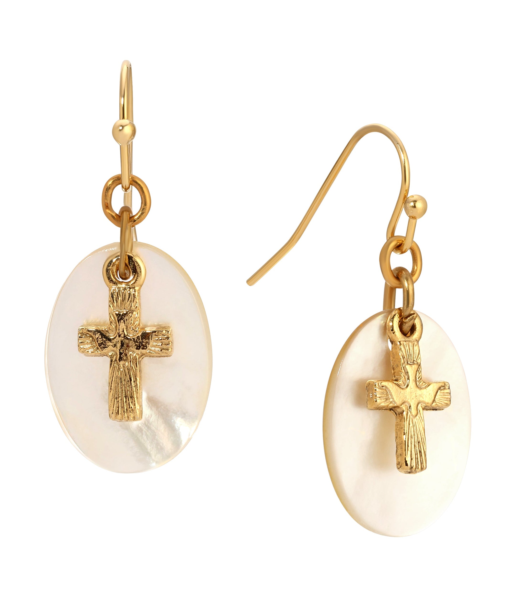 Symbols Of Faith Mother Of Pearl Gold Dove Cross Drop Earrings