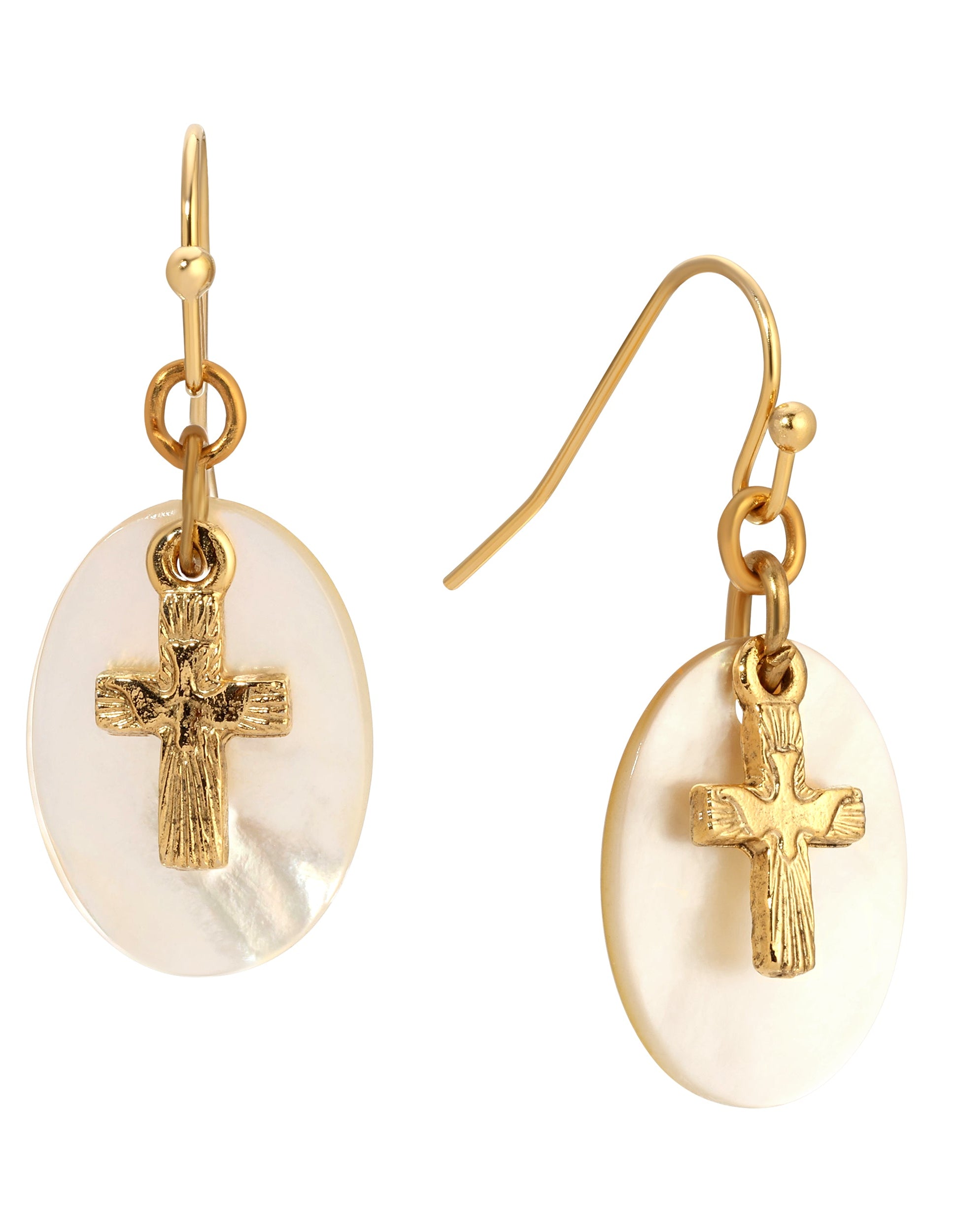Symbols Of Faith Mother Of Pearl Gold Dove Cross Drop Earrings