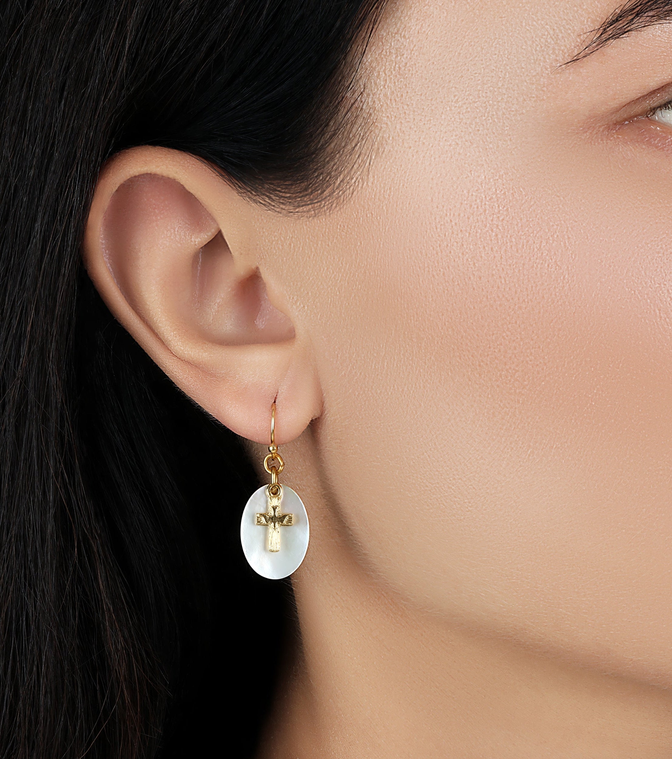 Symbols Of Faith Mother Of Pearl Gold Dove Cross Drop Earrings