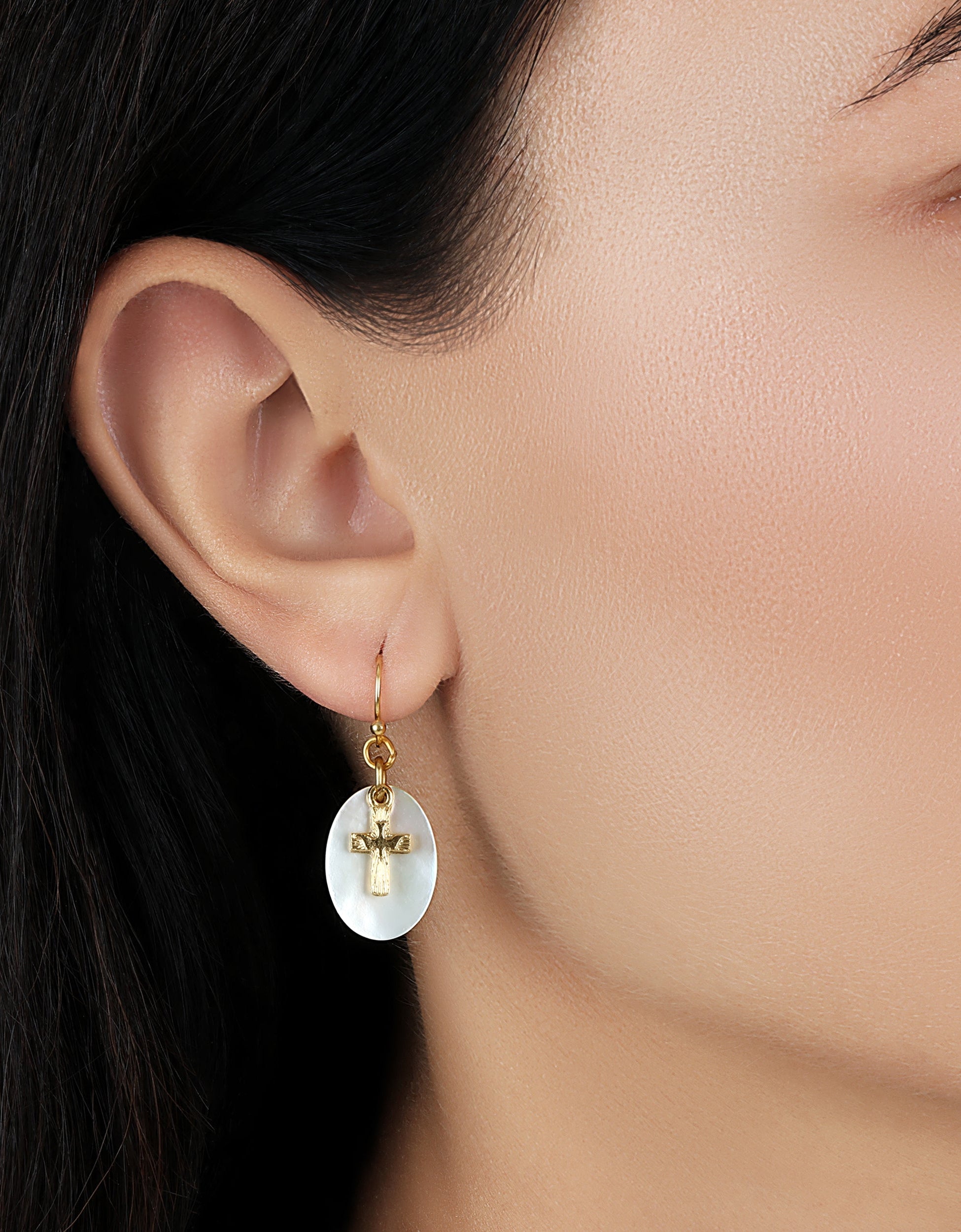 Symbols Of Faith Mother Of Pearl Gold Dove Cross Drop Earrings