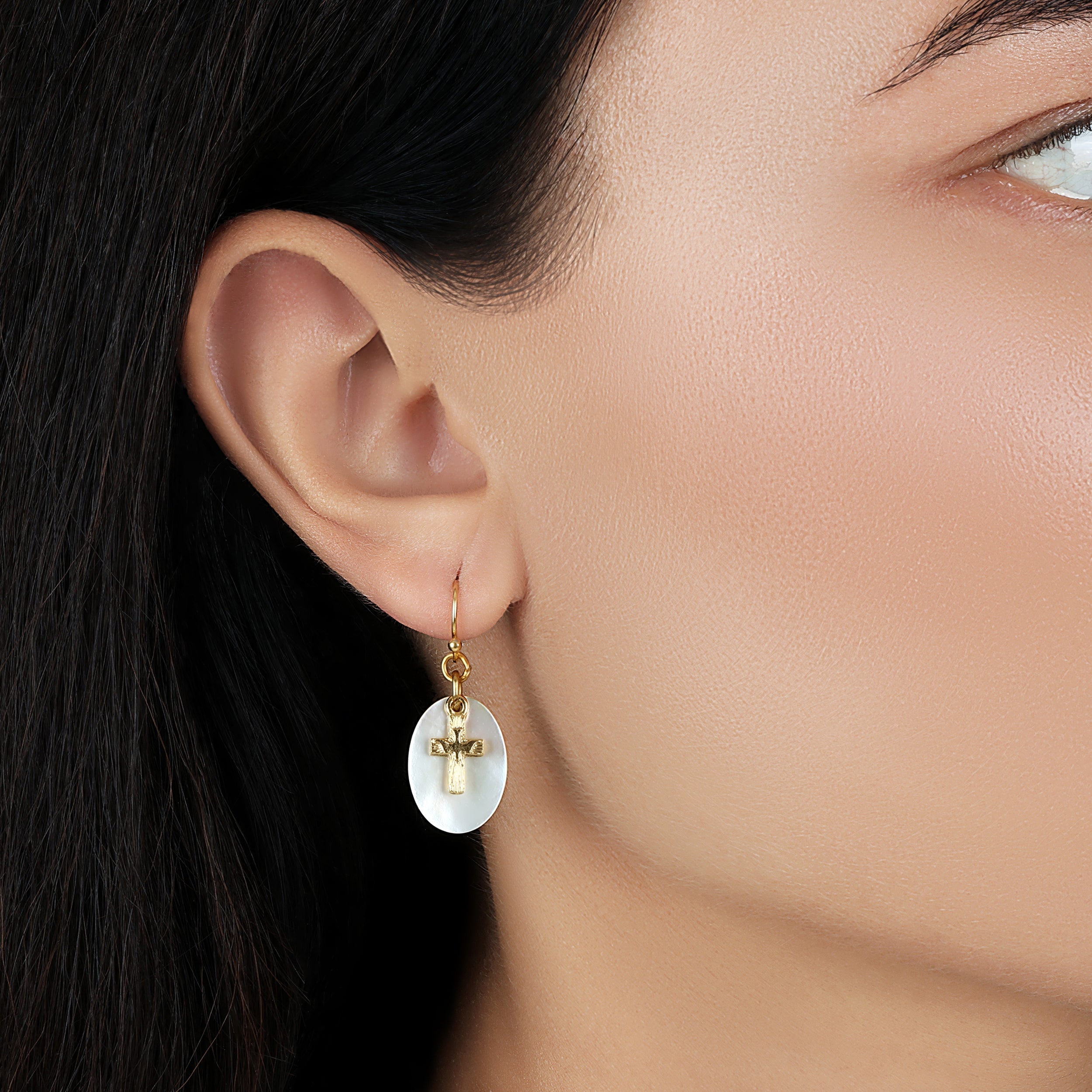 Symbols Of Faith Mother Of Pearl Gold Dove Cross Drop Earrings