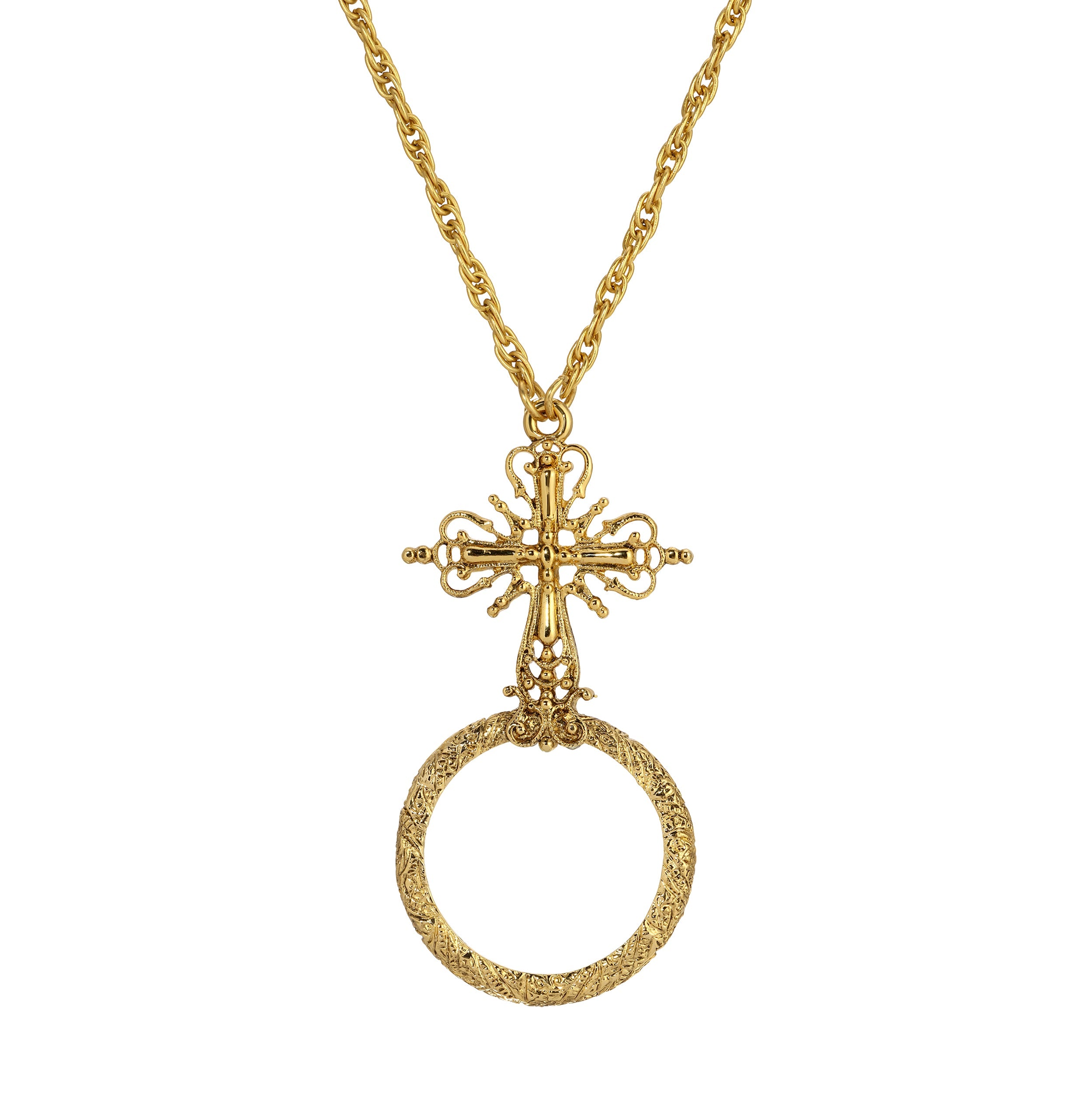Symbols of Faith Ornate Cross Magnifier Pendant Necklace 28"