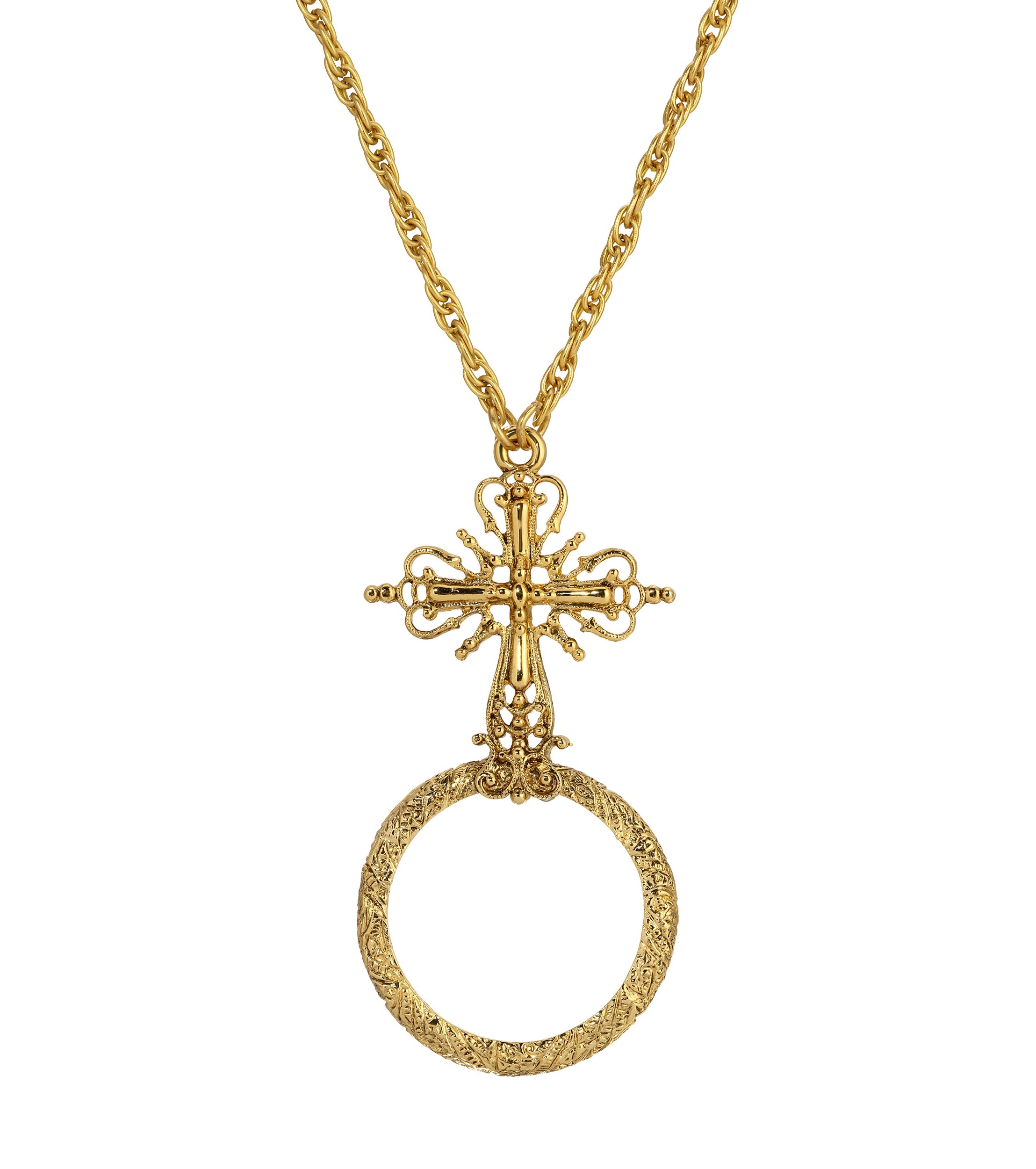 Symbols of Faith Ornate Cross Magnifier Pendant Necklace 28"