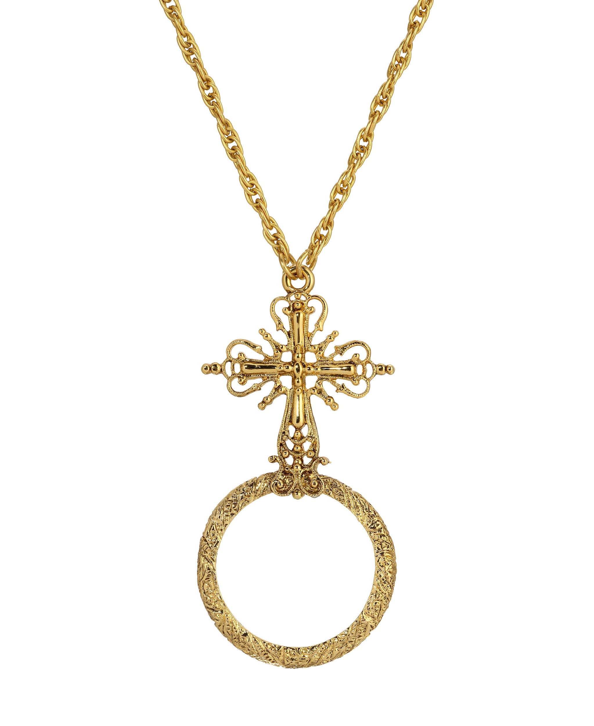 Symbols of Faith Ornate Cross Magnifier Pendant Necklace 28"