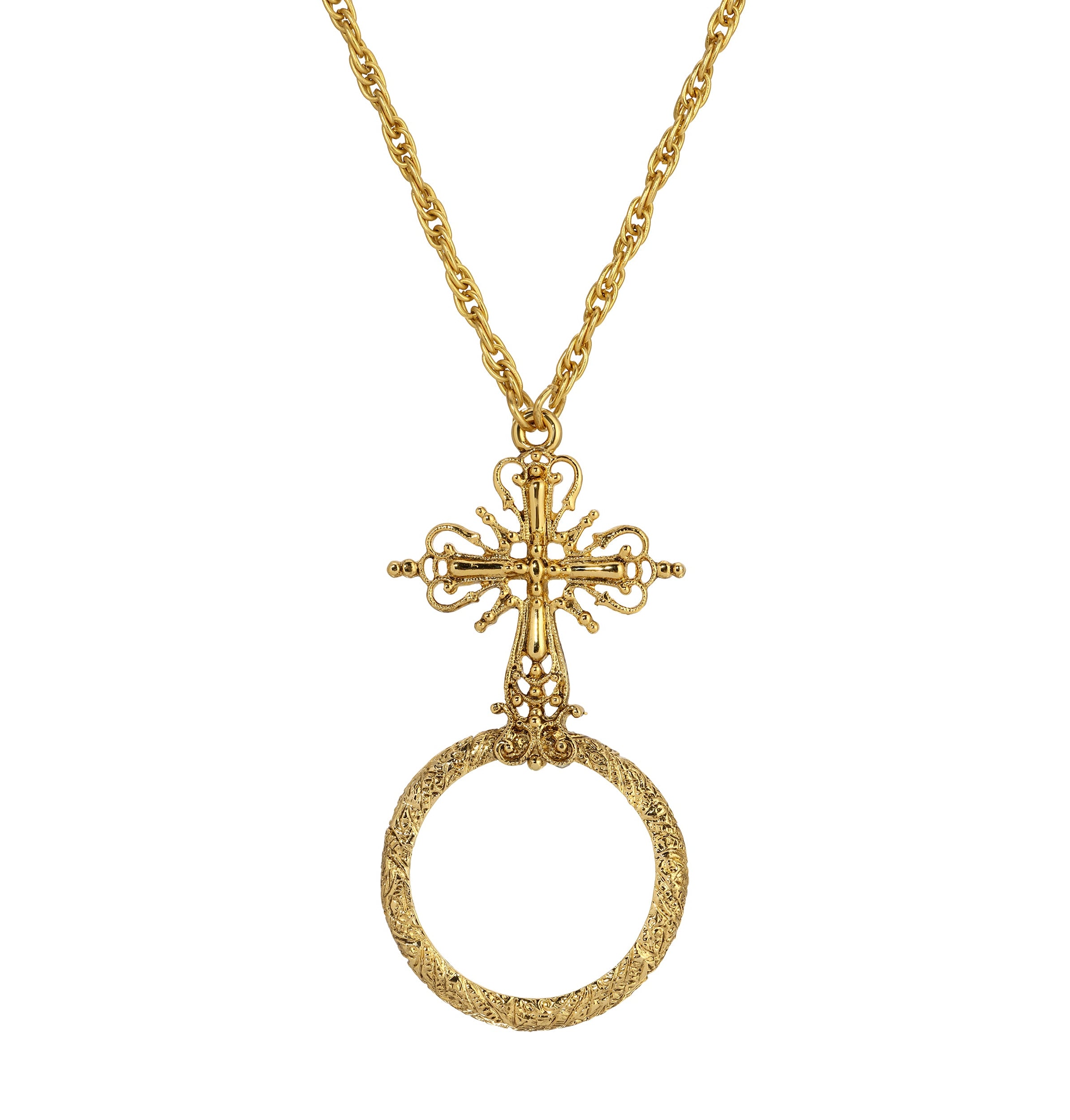 Symbols of Faith Ornate Cross Magnifier Pendant Necklace 28"
