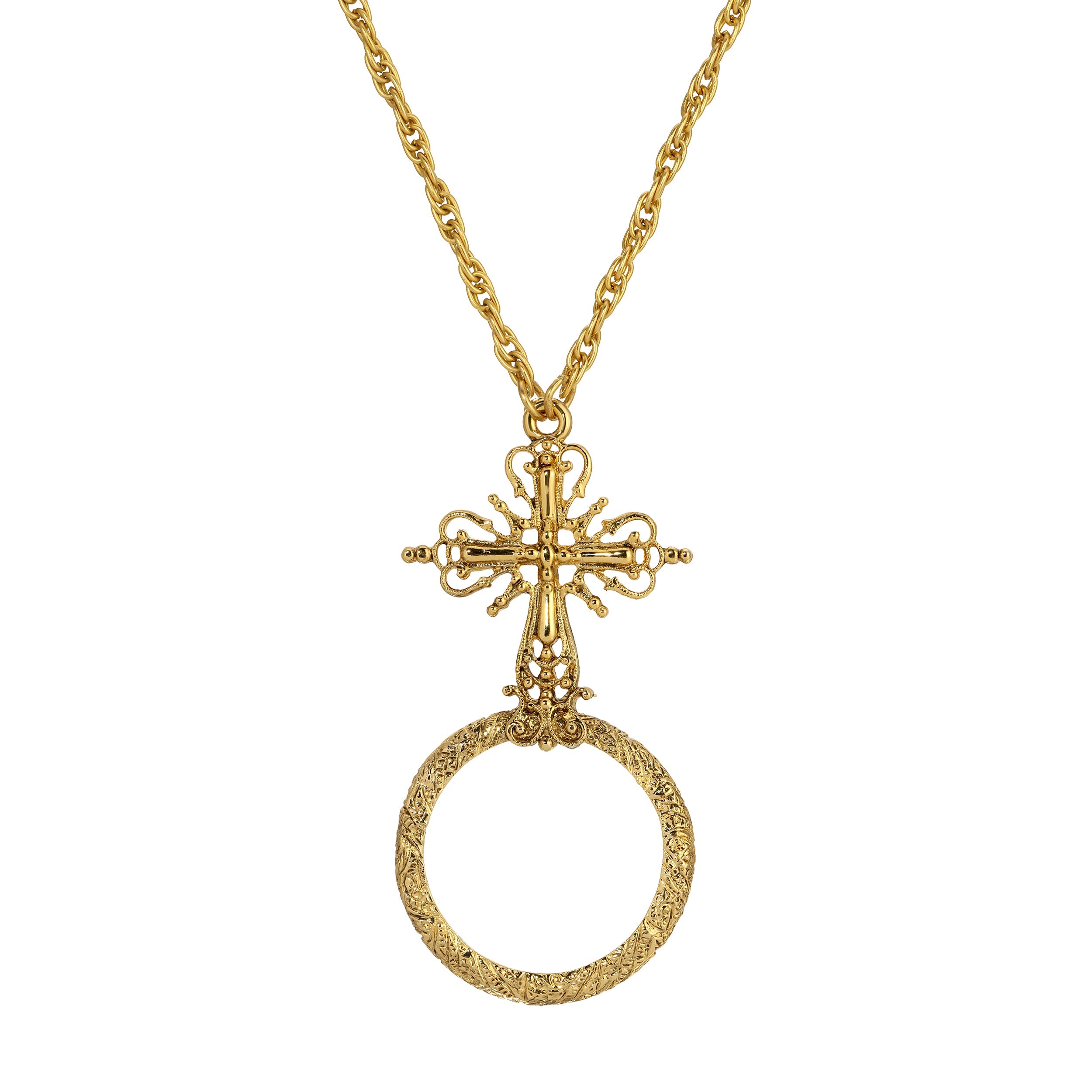 Symbols of Faith Ornate Cross Magnifier Pendant Necklace 28"