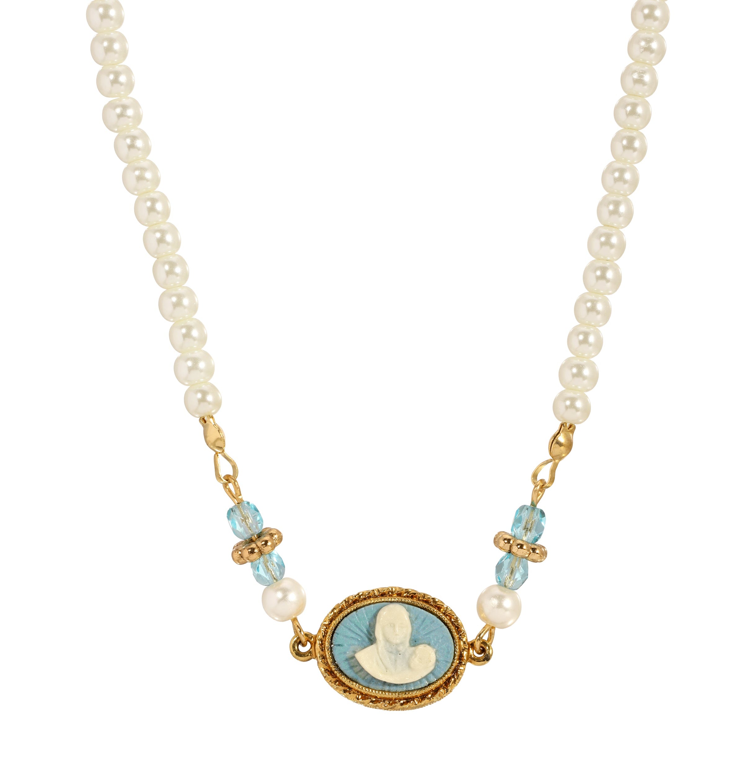 Symbols Of Faith Aqua & Ivory Mother And Child Cameo Faux Pearl Strand Necklace 16" + 3" Extension