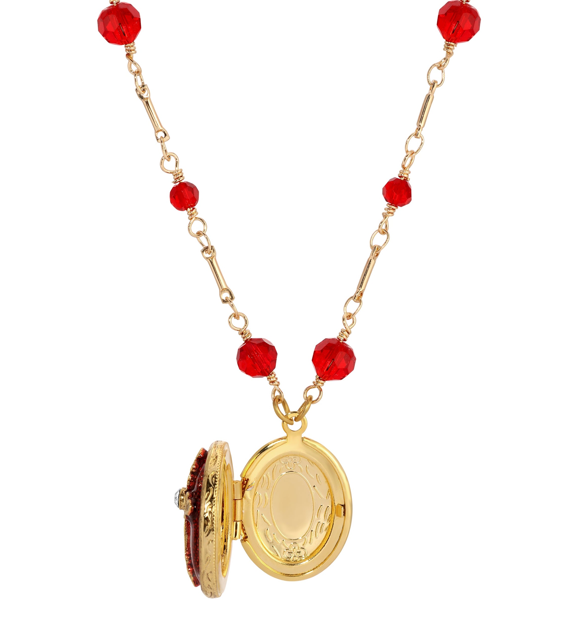 Symbols Of Faith Siam Red Crystal Oval Photo Locket Necklace 16"