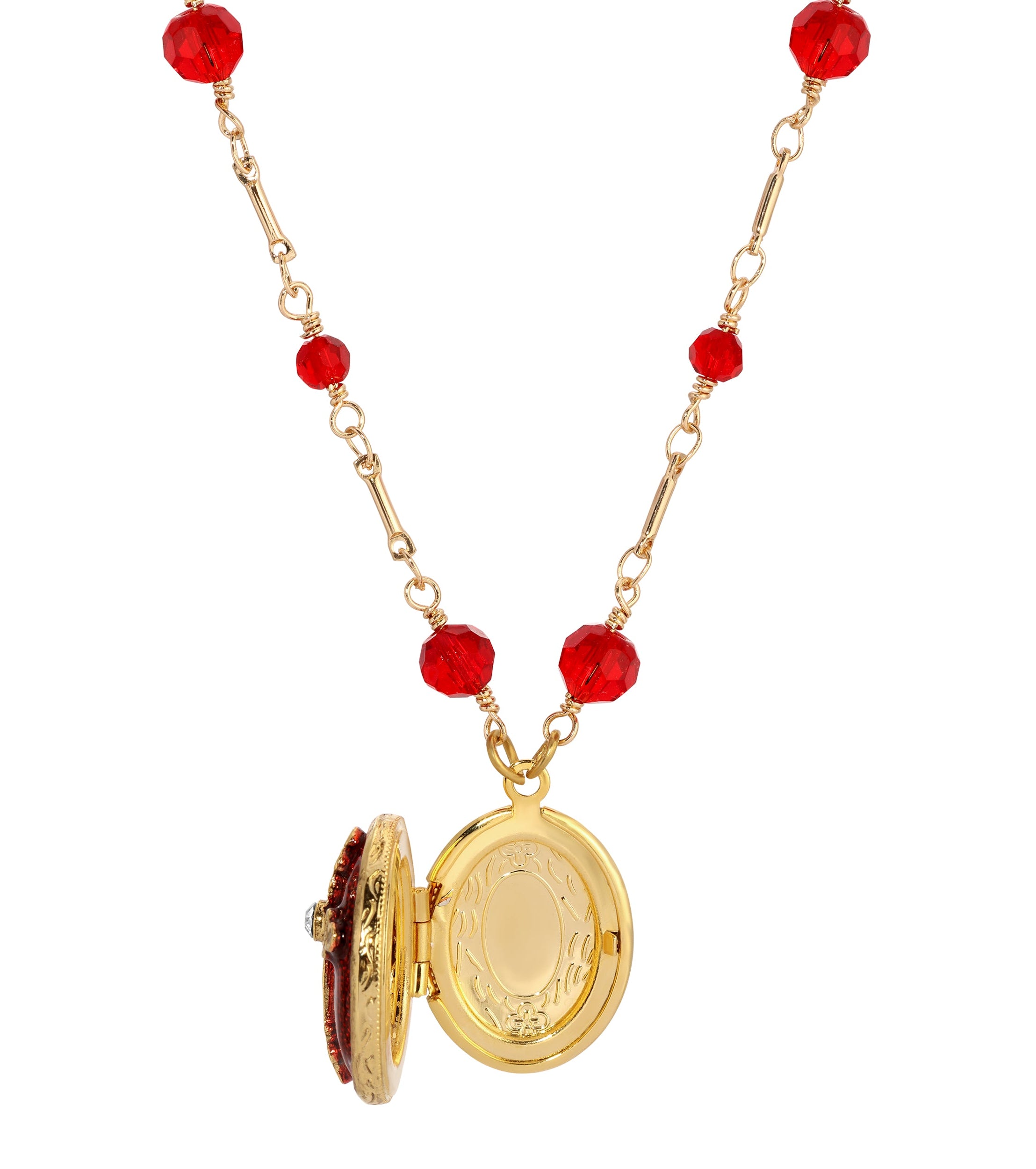 Symbols Of Faith Siam Red Crystal Oval Photo Locket Necklace 16"