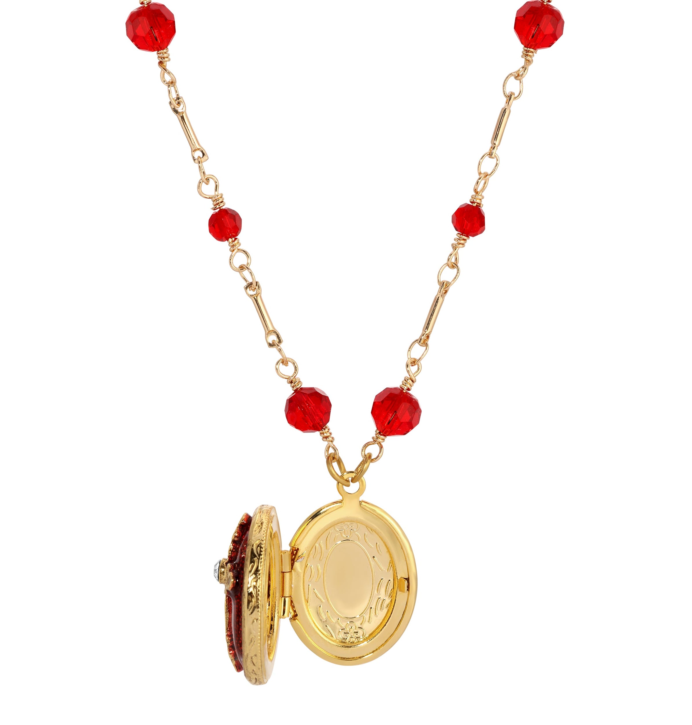 Symbols Of Faith Siam Red Crystal Oval Photo Locket Necklace 16"