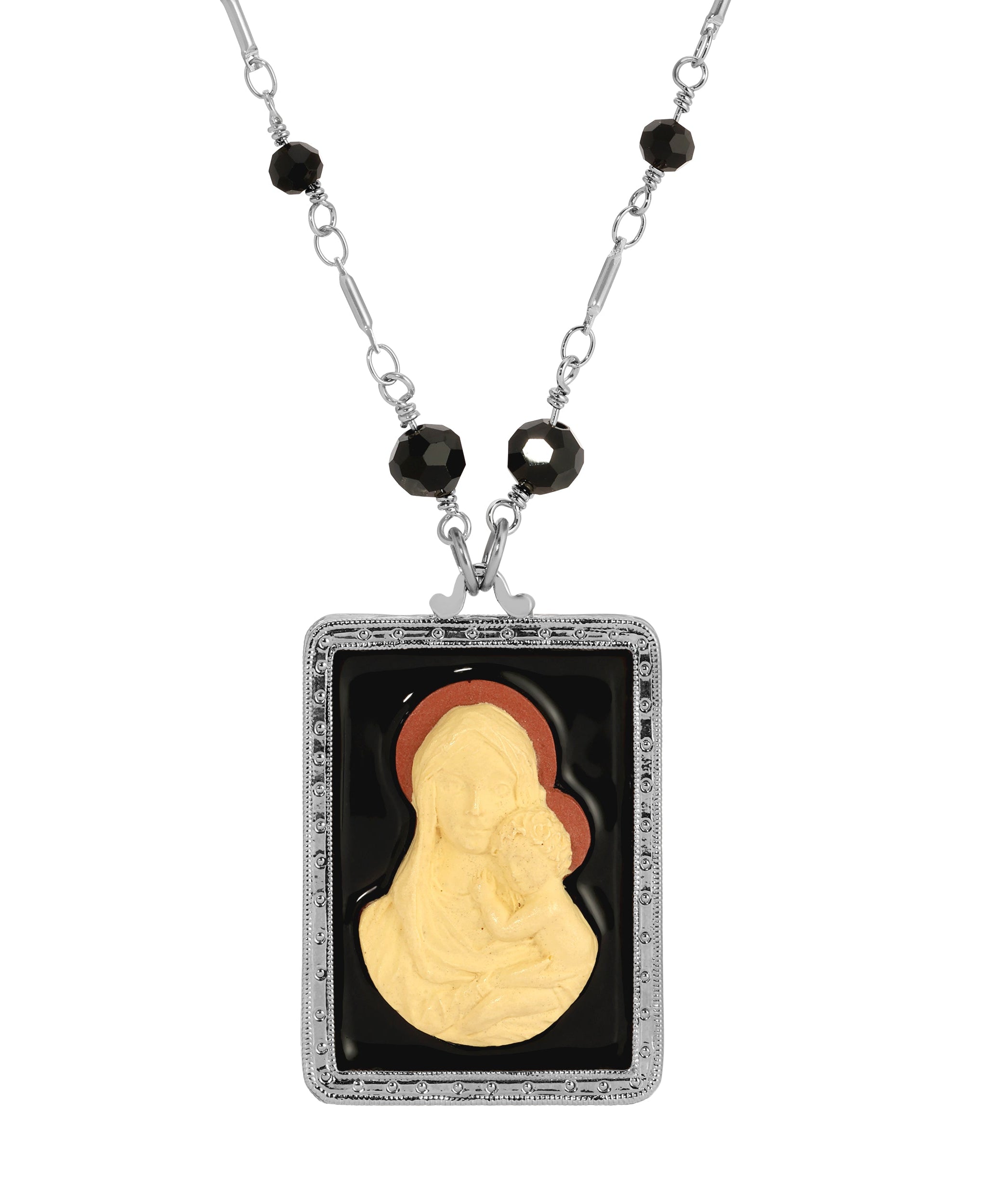 Symbols Of Faith Rectangular Madonna And Child Cameo Black Enamel Pendant Necklace 30"