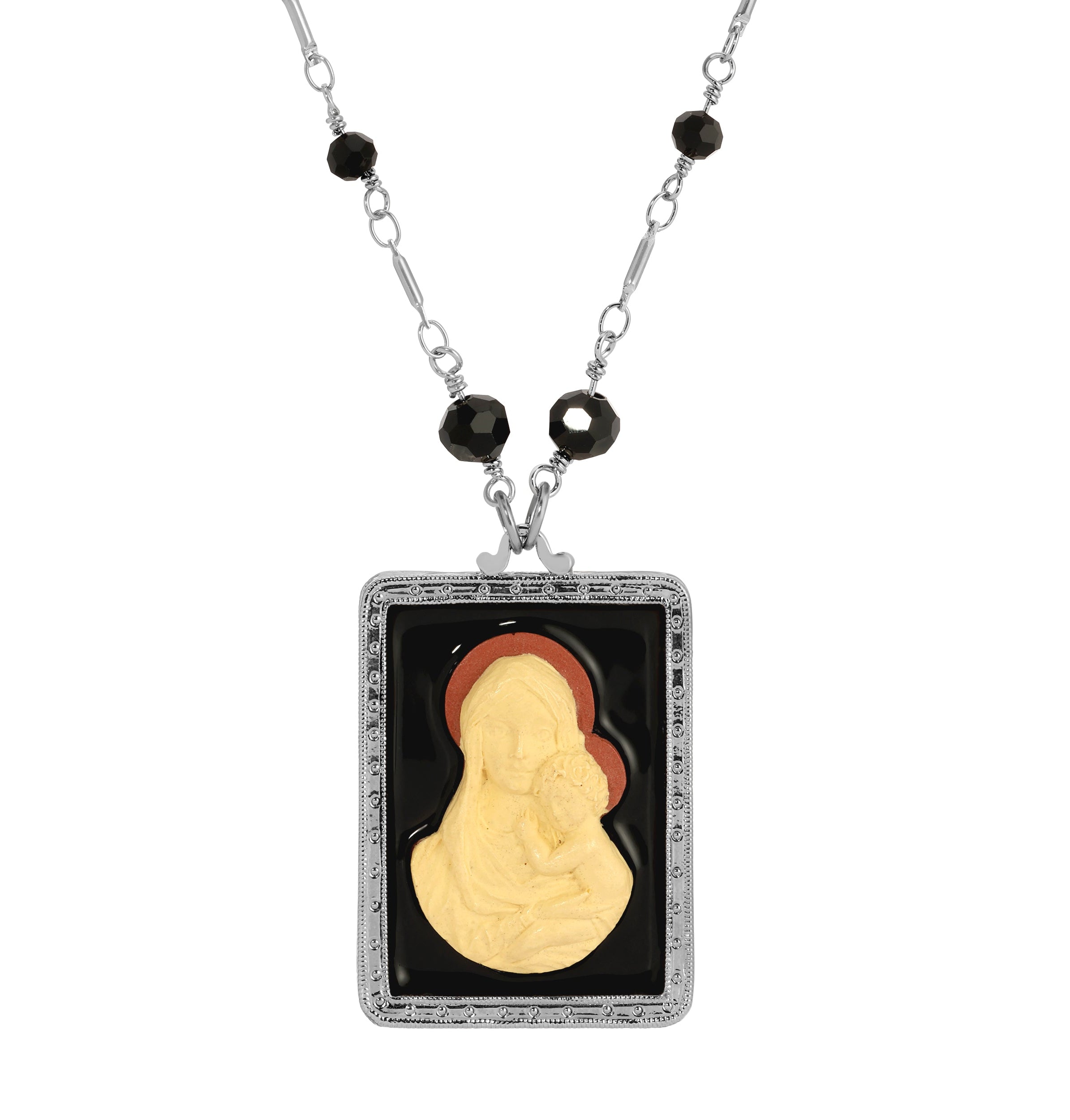 Symbols Of Faith Rectangular Madonna And Child Cameo Black Enamel Pendant Necklace 30"