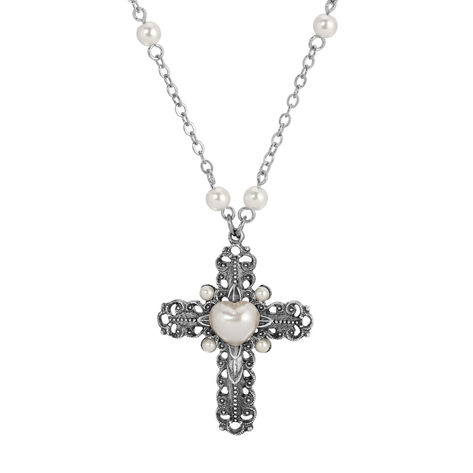 Symbols of Faith Antiqued Cross & Faux Pearl Cable Chain Necklace 24"