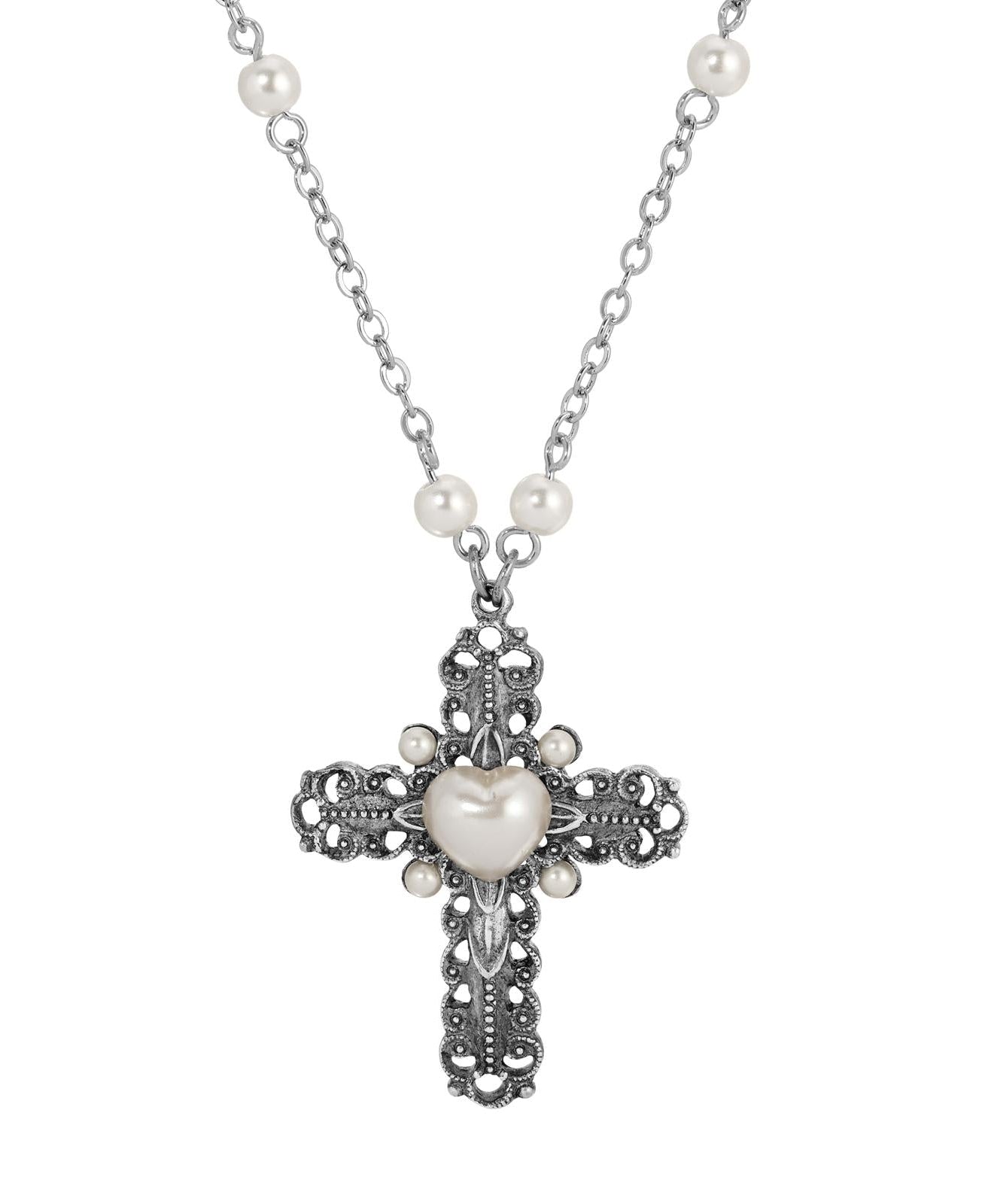 Symbols of Faith Antiqued Cross & Faux Pearl Cable Chain Necklace 24"