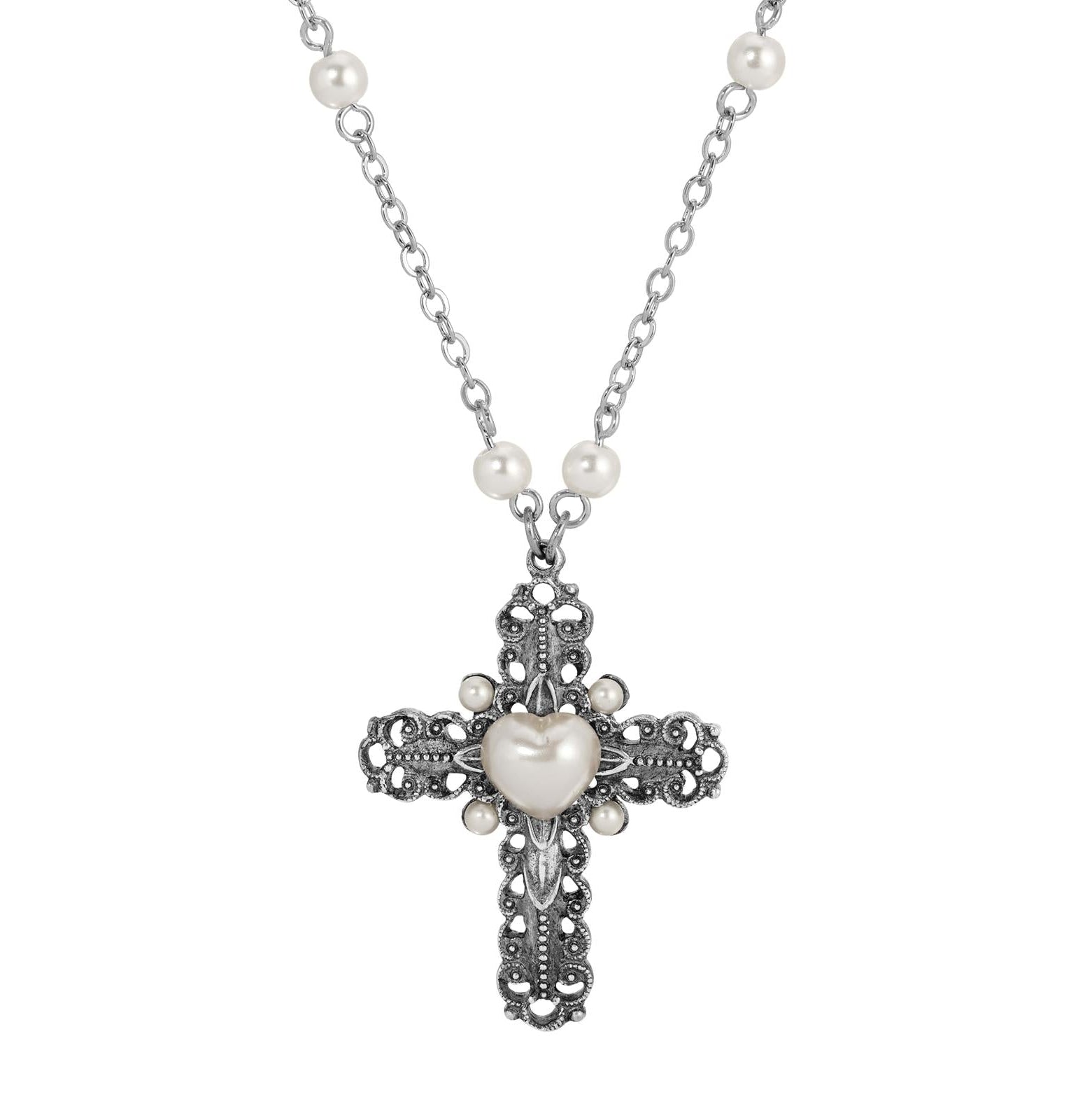 Symbols of Faith Antiqued Cross & Faux Pearl Cable Chain Necklace 24"