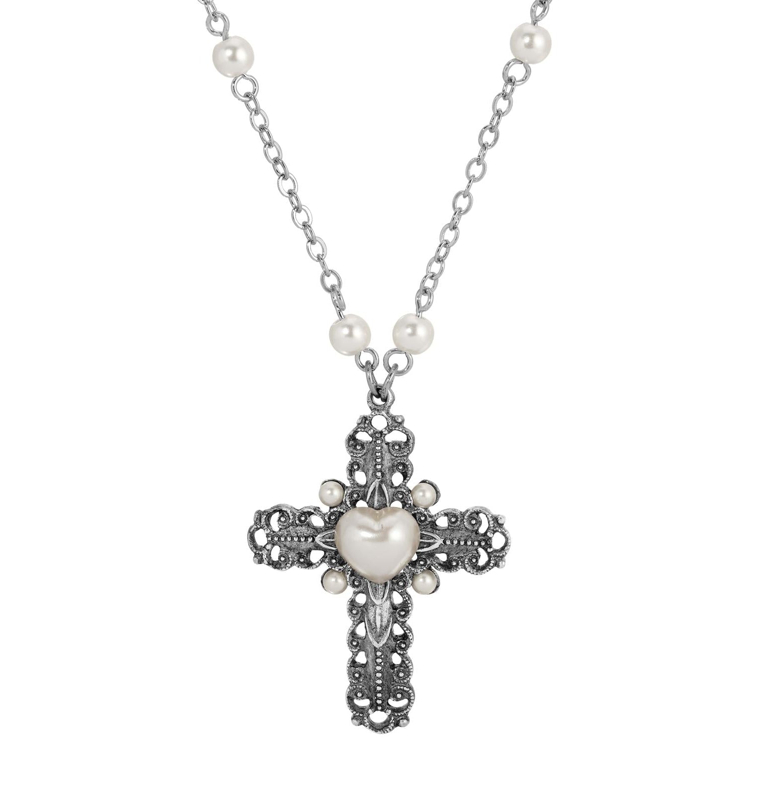 Symbols of Faith Antiqued Cross & Faux Pearl Cable Chain Necklace 24"
