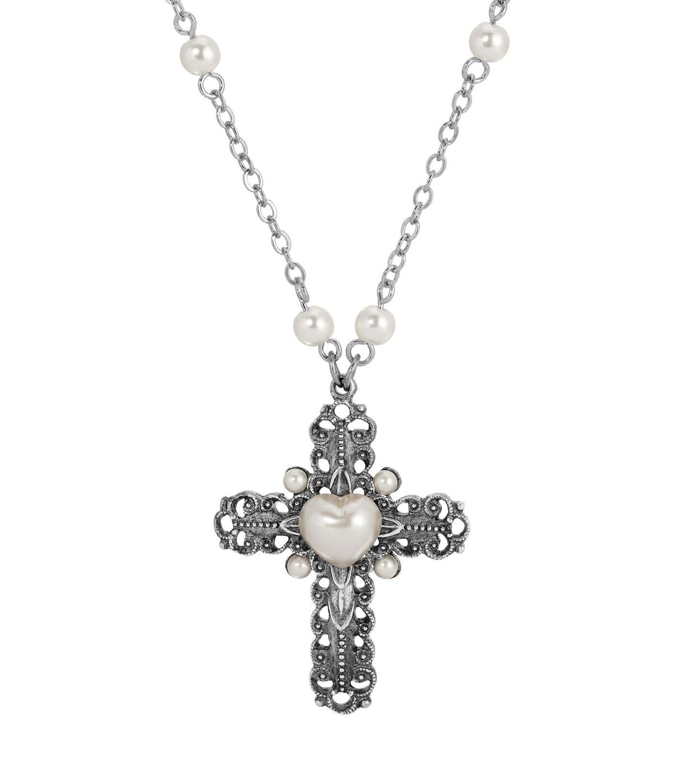 Symbols of Faith Antiqued Cross & Faux Pearl Cable Chain Necklace 24"