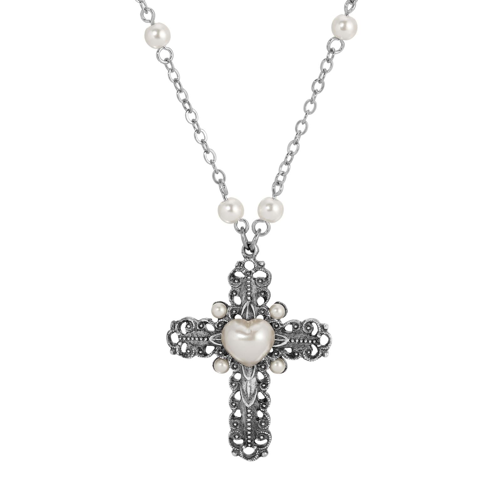 Symbols of Faith Antiqued Cross & Faux Pearl Cable Chain Necklace 24"