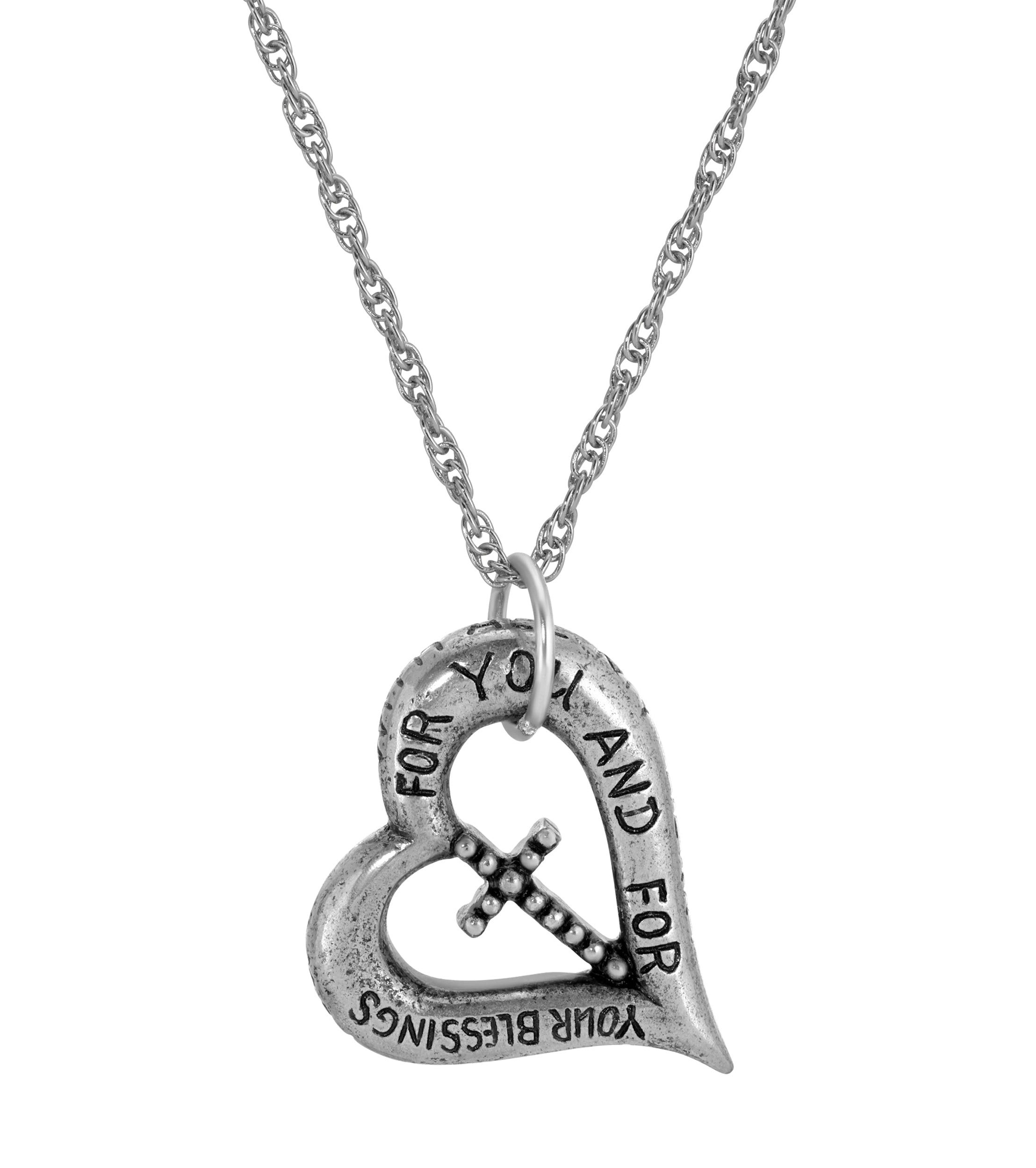 Symbols Of Faith Heartfelt Blessings Etched Heart & Cross Pendant Necklace 18"
